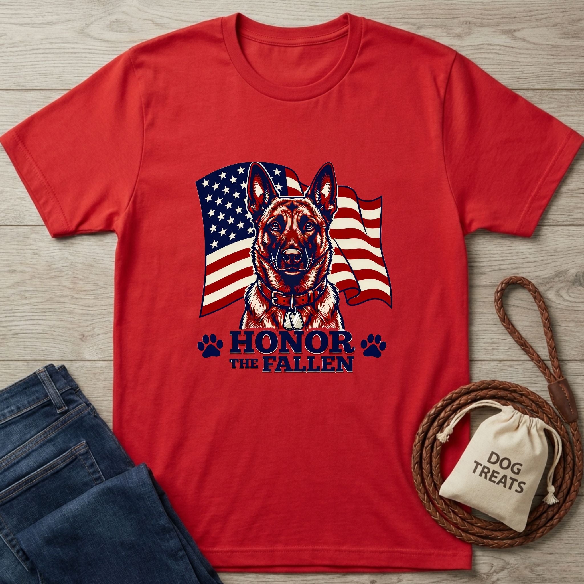 Red Gildan Softstyle® 64000 t-shirt with a German Shepherd, American flag, and "Honor The Fallen" design.