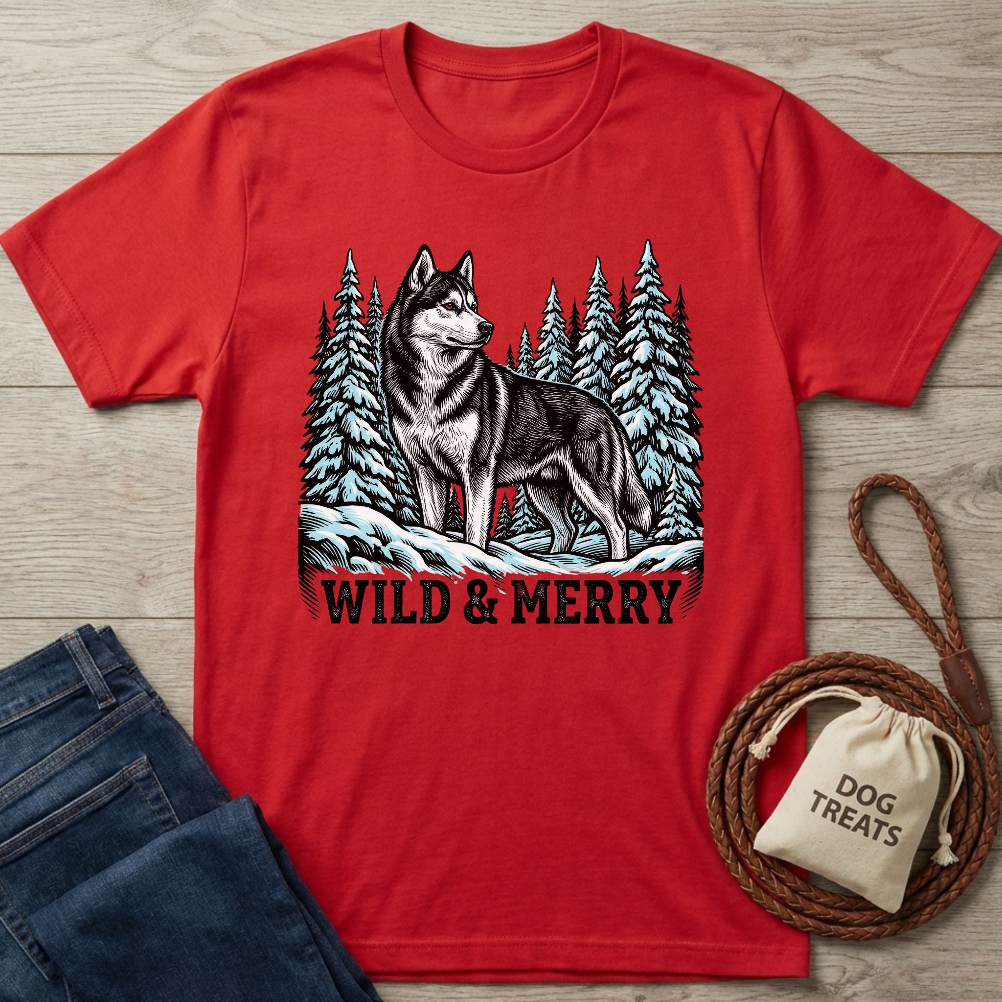 Red Gildan Softstyle t-shirt with a husky in a snowy forest and "WILD & MERRY" text.