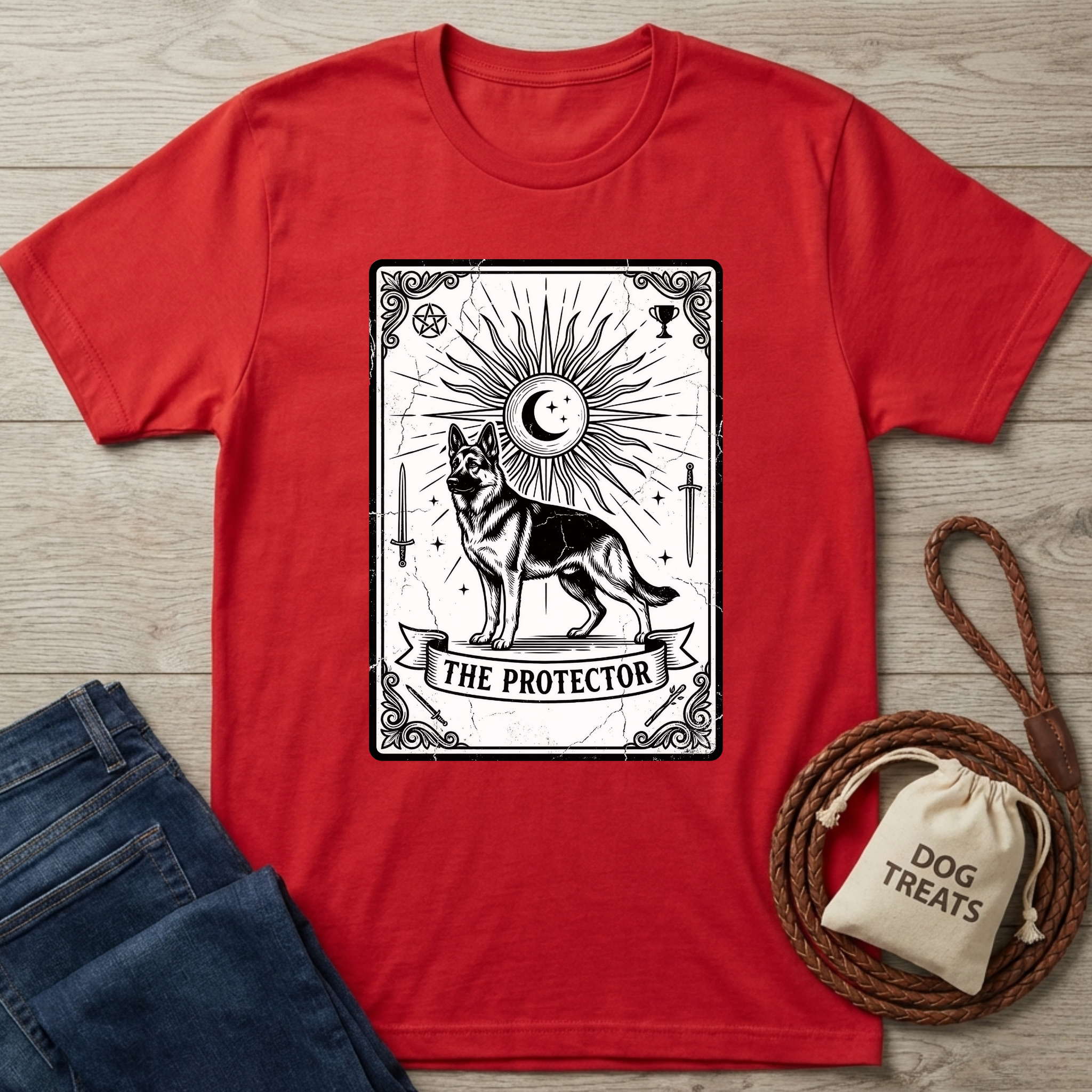 Red cotton t-shirt with "The Protector" tarot card design featuring a German Shepherd.