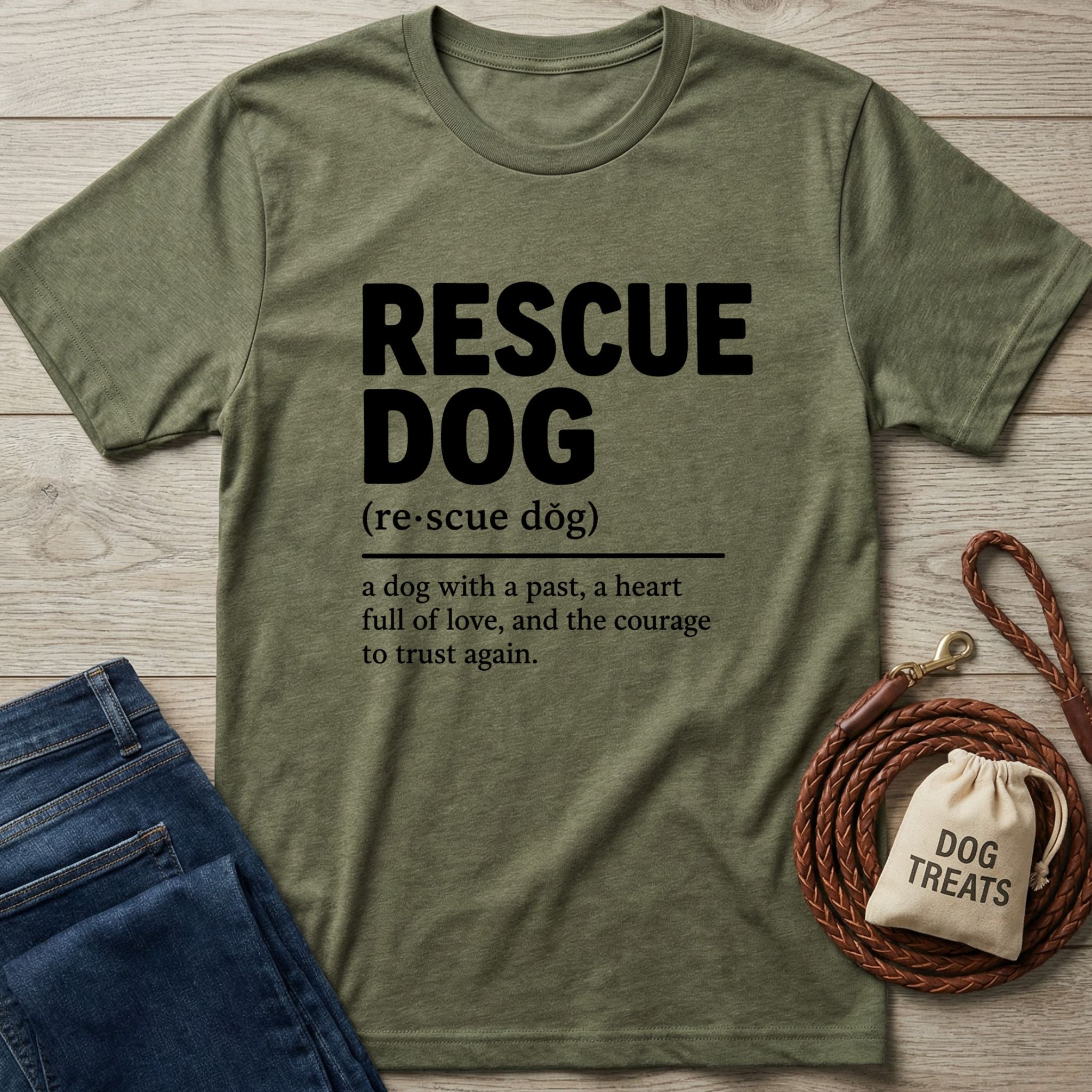 Olive green Gildan Softstyle® t-shirt with "RESCUE DOG" definition print, next to jeans and dog treats.