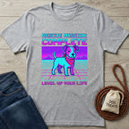 Light grey Gildan Softstyle t-shirt with a retro pixel art dog and "Rescue Mission: Complete, Level Up Your Life" text.