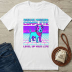 White Gildan Softstyle t-shirt with a pixel art dog and "Rescue Mission: Complete" design.