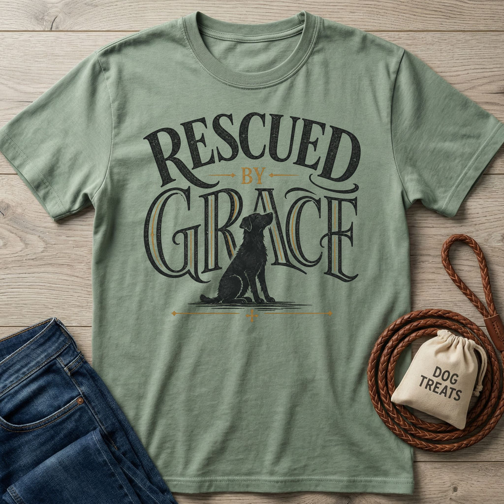 Sage green crewneck t-shirt featuring a black dog graphic and Rescued By Grace typography on a wooden background.