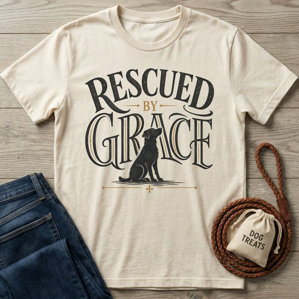 Cream-colored crewneck t-shirt featuring a black dog illustration and Rescued By Grace typography on a wooden surface.