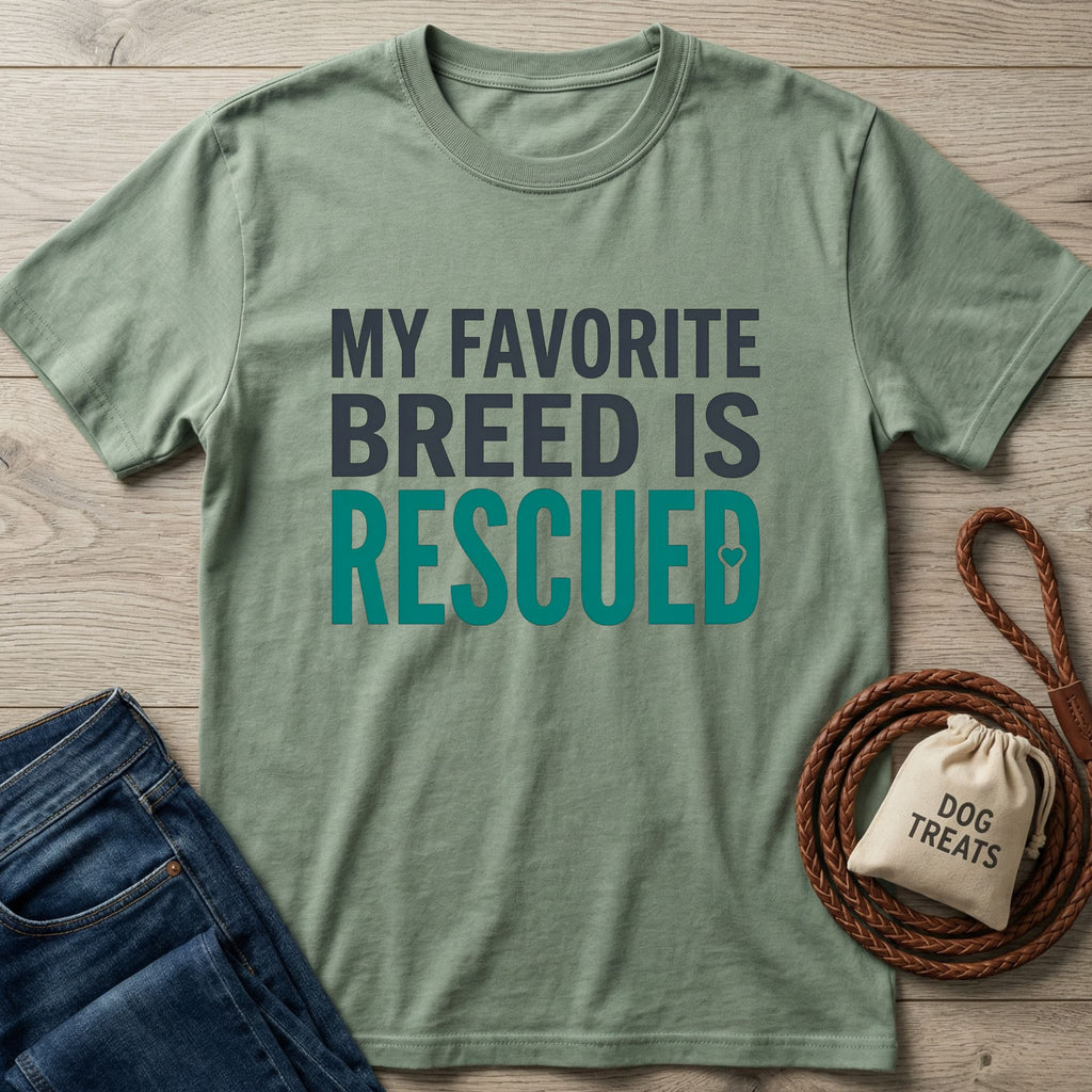 Sage green Gildan Softstyle® t-shirt with "My Favorite Breed Is Rescued" text, next to jeans and dog accessories.