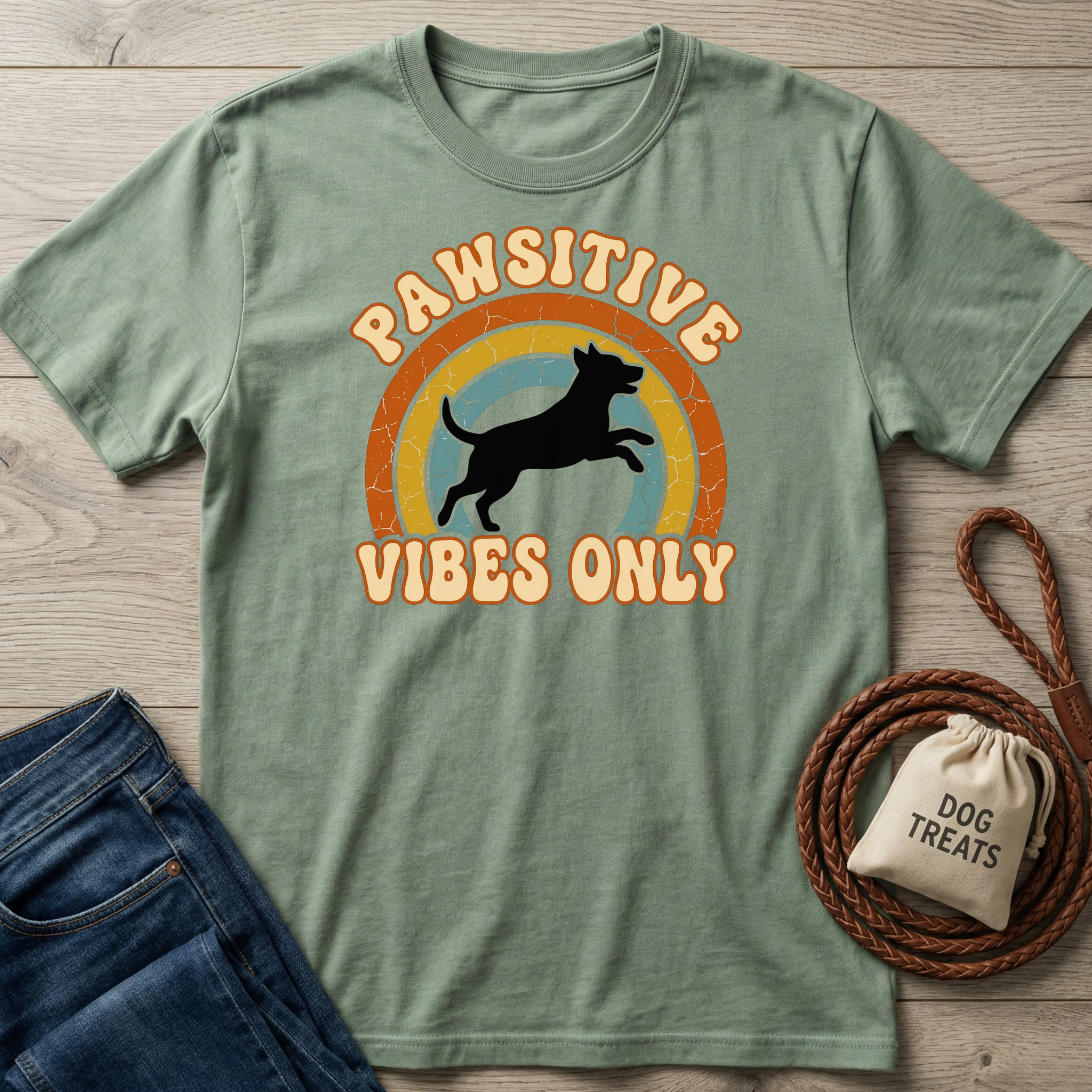 Sage green Pawsitive Vibes Only T-shirt with a jumping dog and rainbow graphic, next to jeans and dog treats.