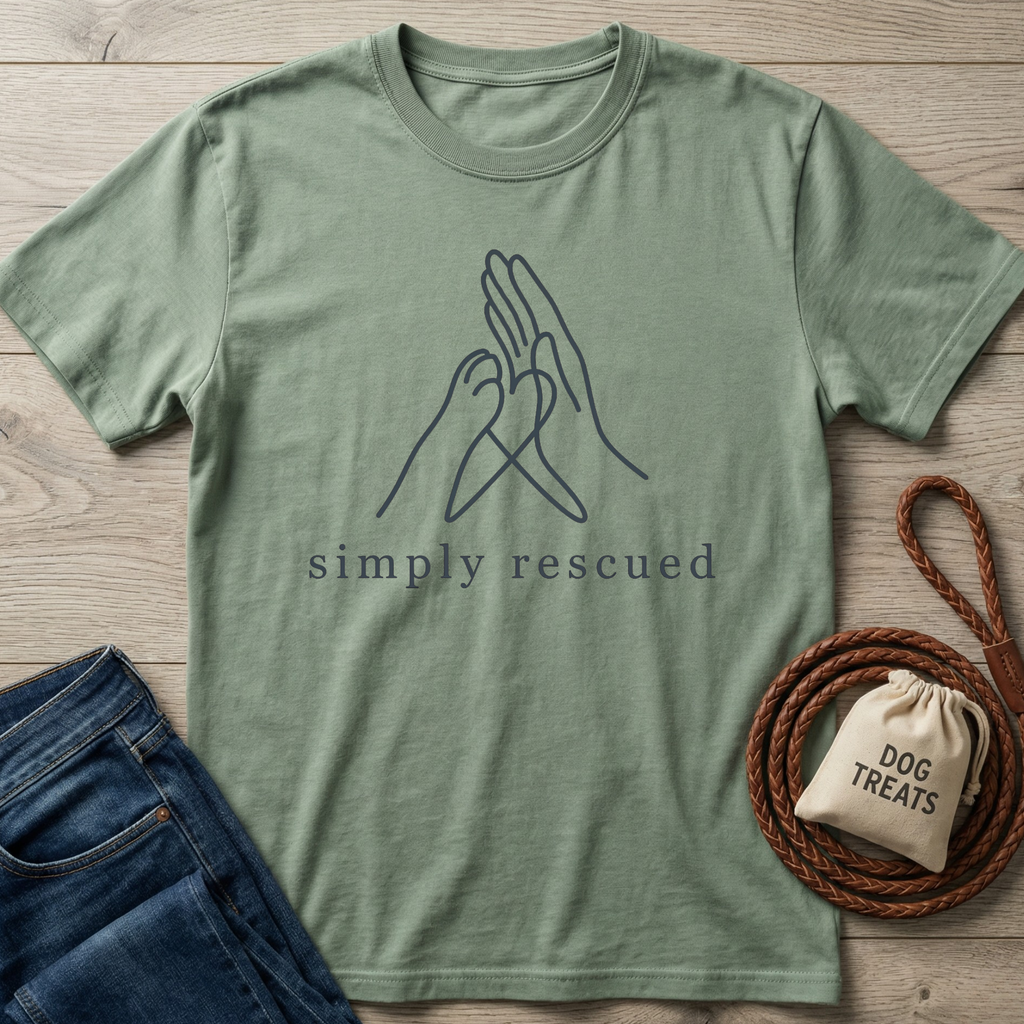 Sage green cotton t-shirt with "simply rescued" text and a paw-hand heart design.