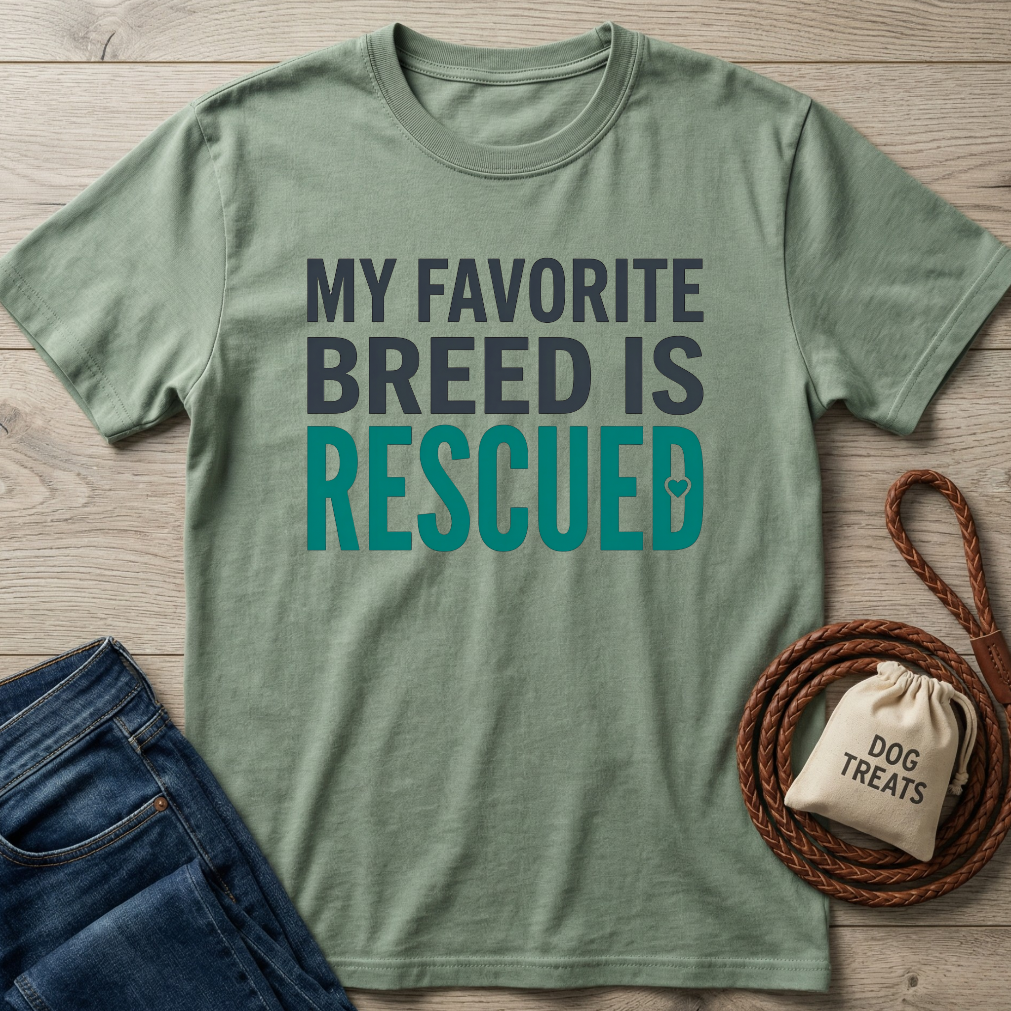 Sage green cotton t-shirt with "My Favorite Breed Is Rescued" text, next to jeans and dog accessories.
