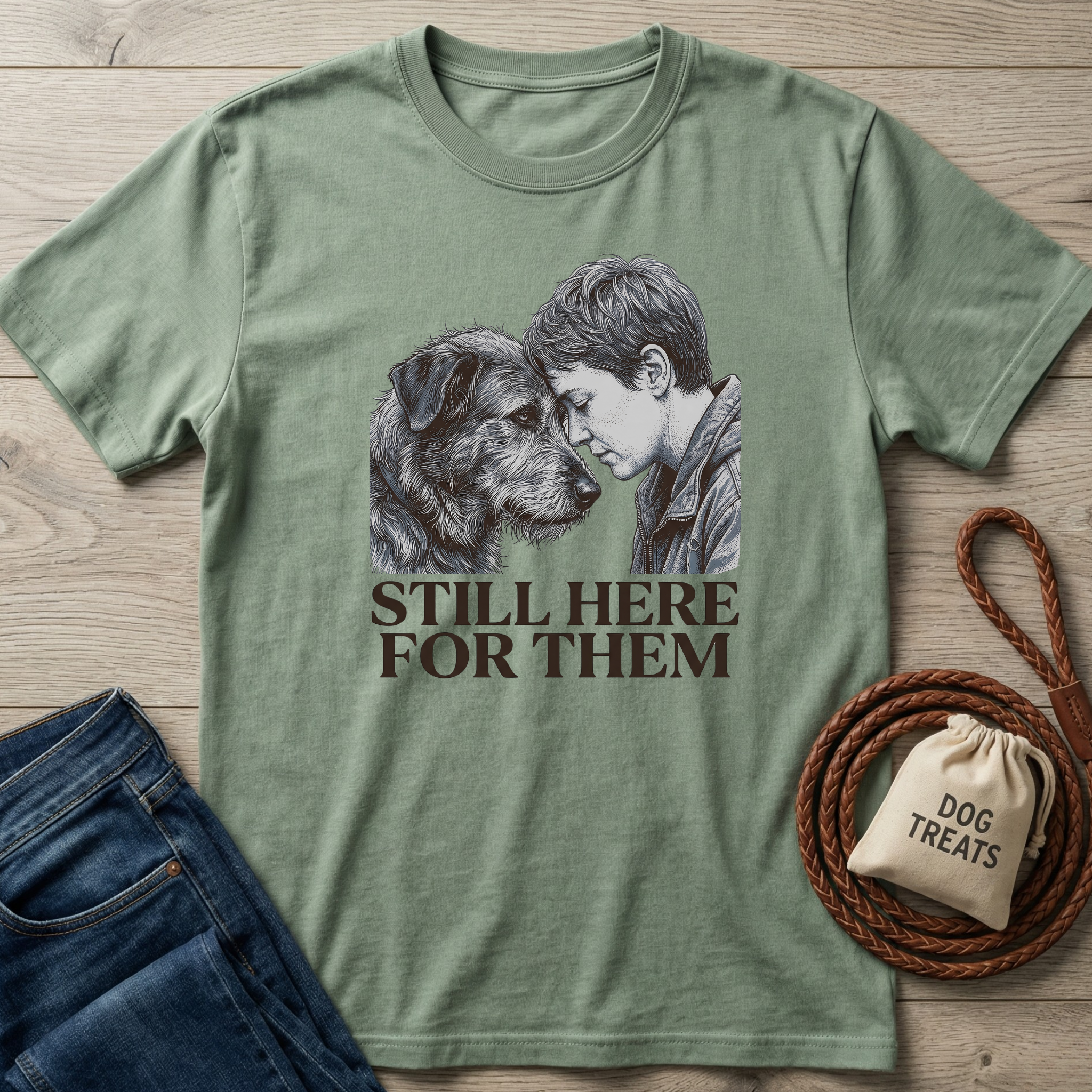 Sage green cotton t-shirt with a boy and dog illustration and "STILL HERE FOR THEM" text.