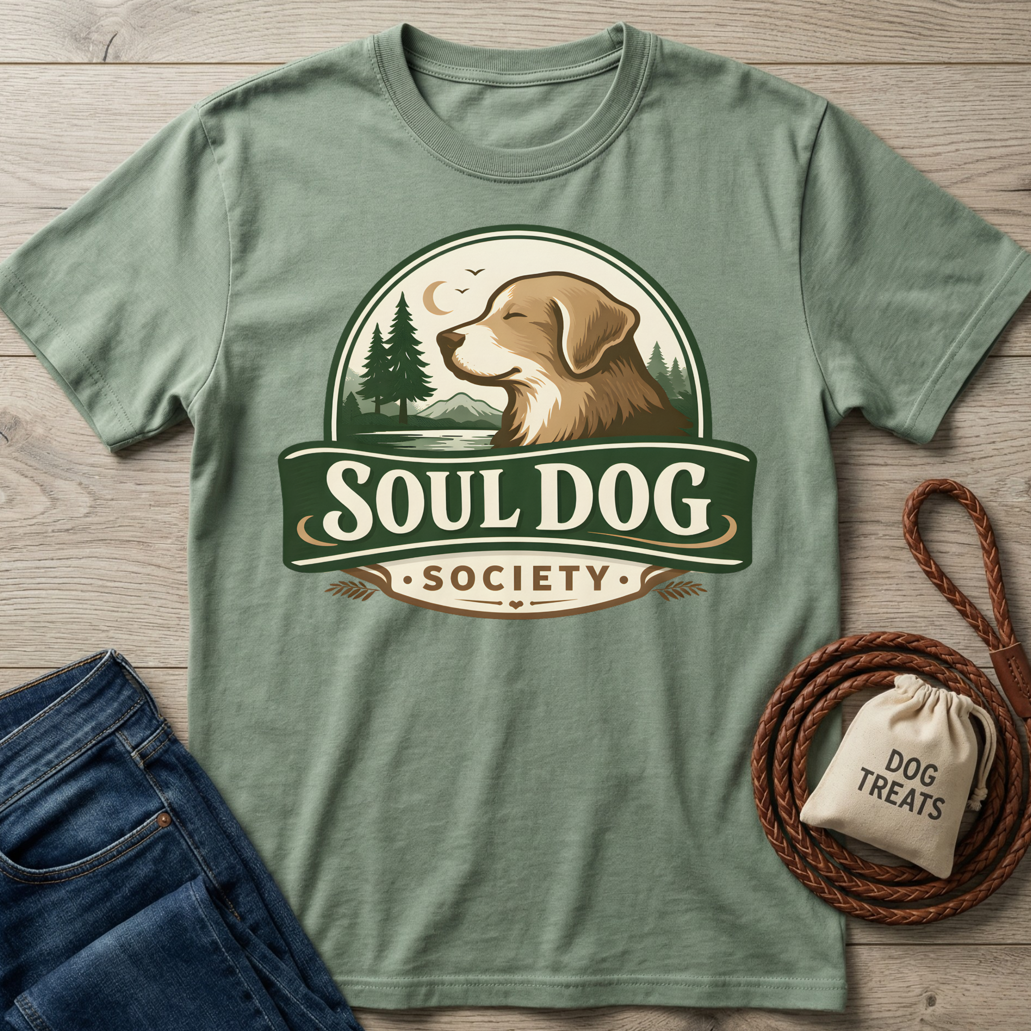Soul Dog Society logo t-shirt in sage green, featuring a brown dog, trees, and moon design.