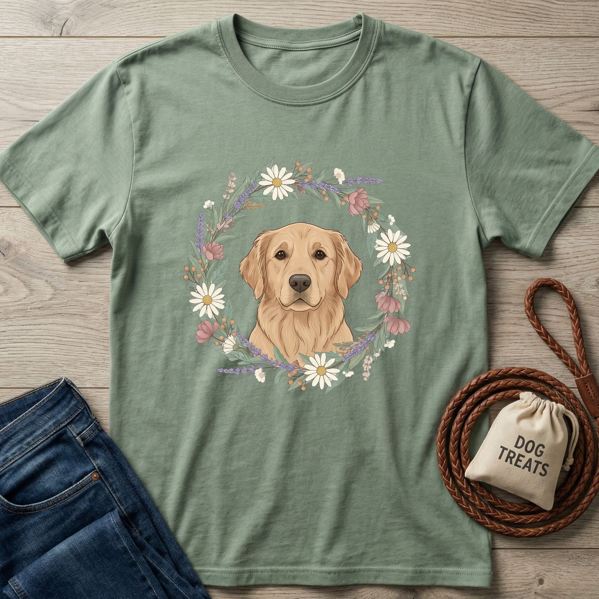 Sage green Gildan Softstyle t-shirt with a Golden Retriever in a floral wreath, next to jeans and dog treats.