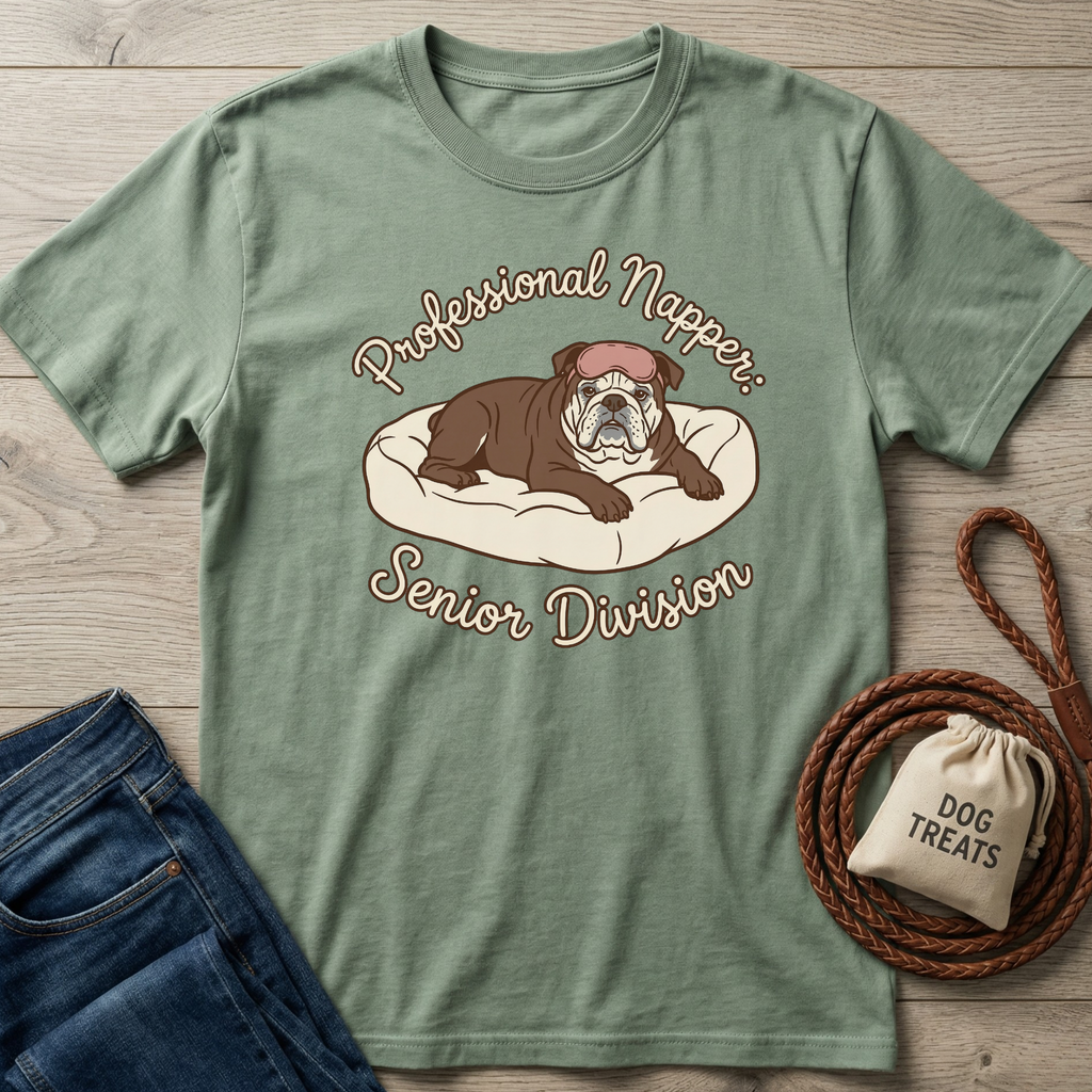 Sage green cotton t-shirt with a bulldog in a sleep mask on a dog bed, text "Professional Napper: Senior Division".