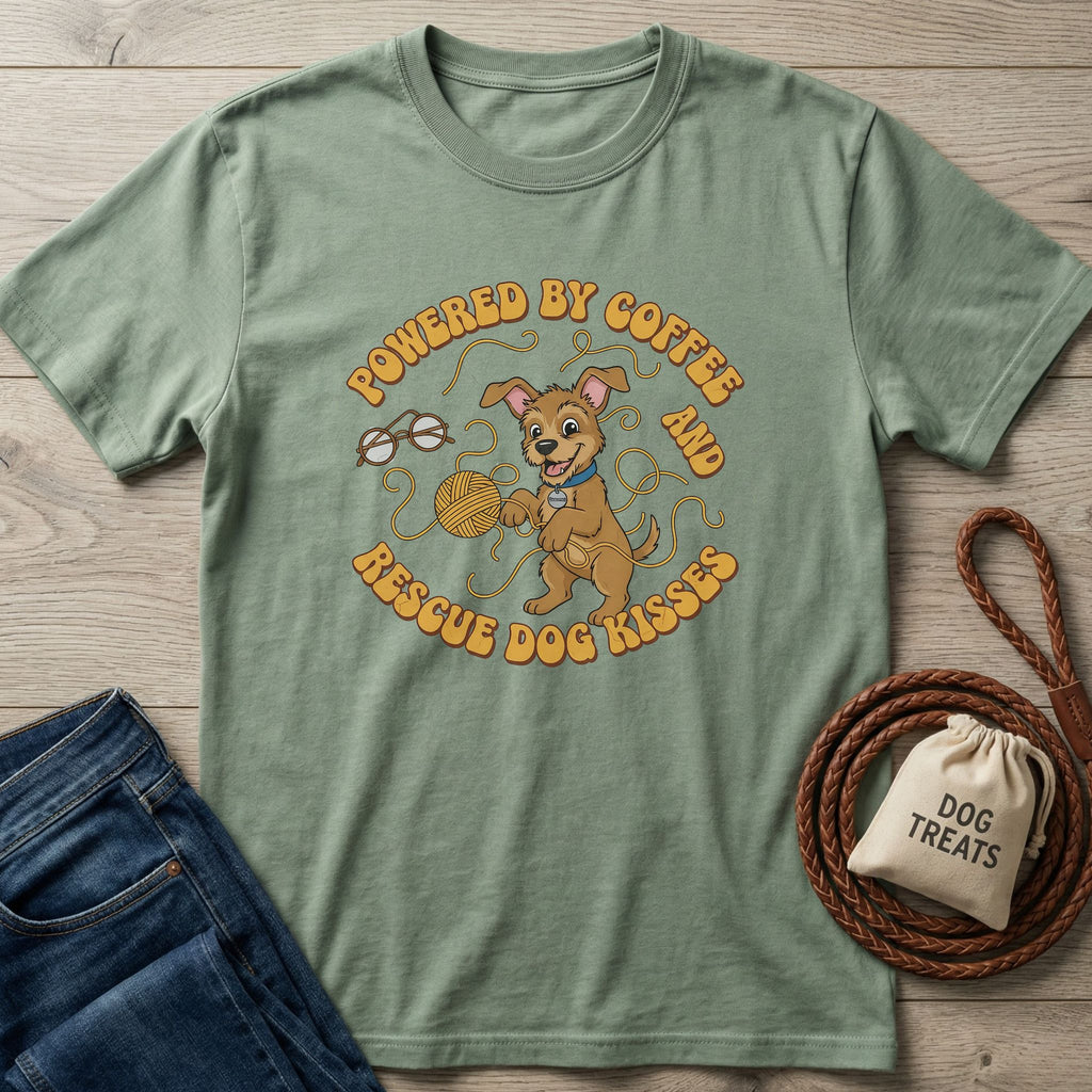 Sage green Gildan Softstyle t-shirt with "Powered by Coffee & Rescue Dog Kisses" design, featuring a playful dog.