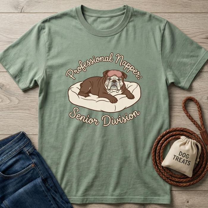 Sage green cotton t-shirt with a brown bulldog napping on a bed, text "Professional Napper: Senior Division".