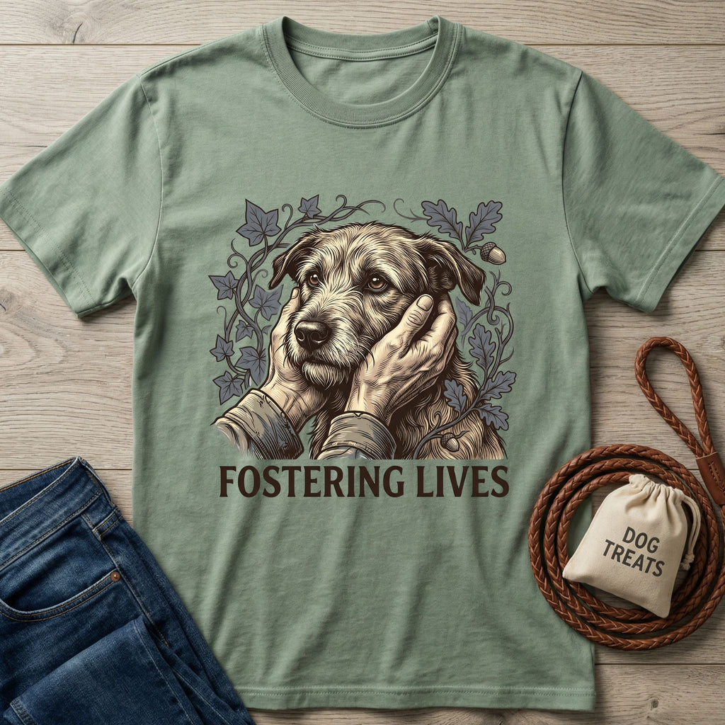 Sage green Gildan Softstyle® t-shirt with "Fostering Lives" text and an illustration of hands cupping a dog's face.