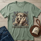 Sage green Gildan Softstyle® t-shirt with "Fostering Lives" text and an illustration of hands cupping a dog's face.
