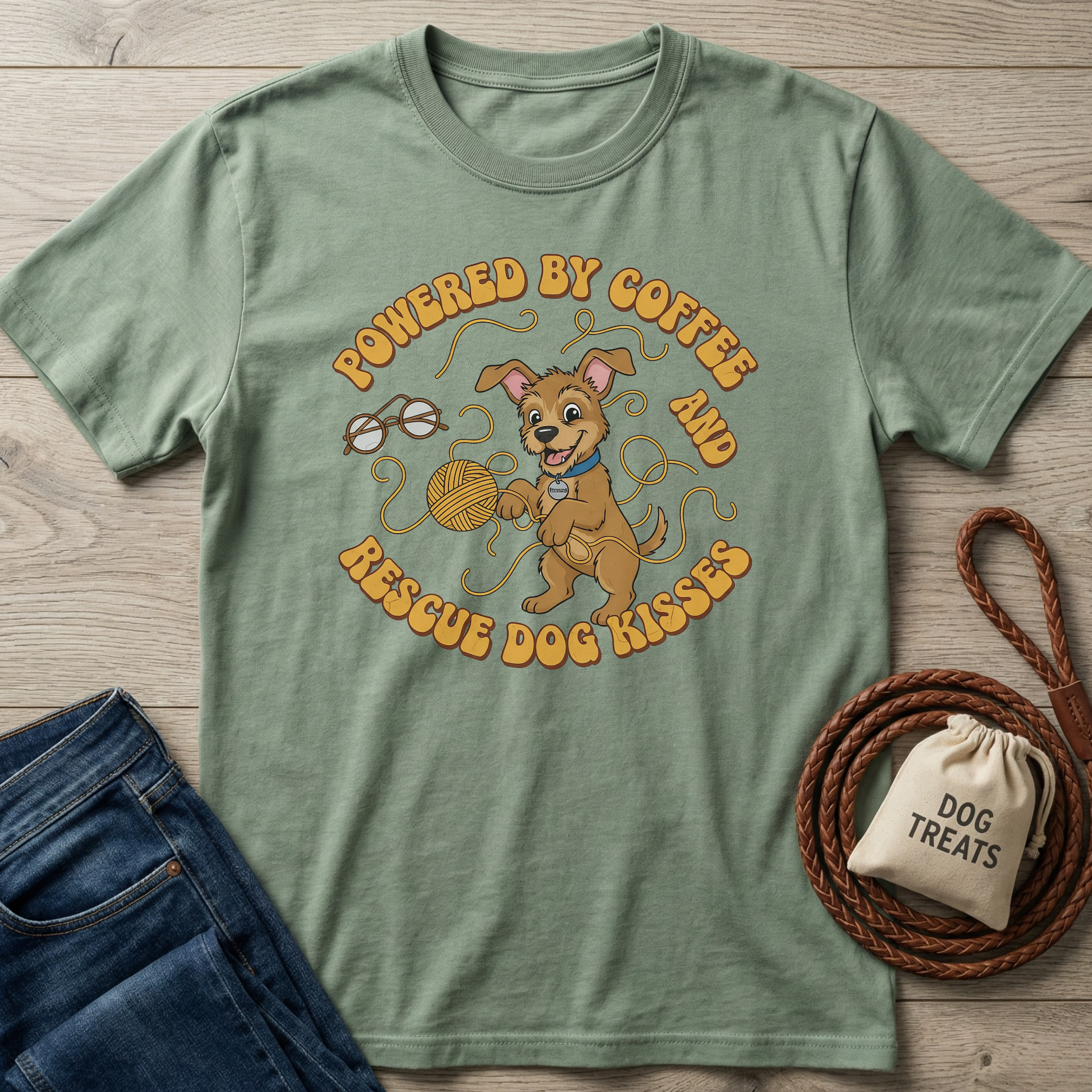 Sage green cotton t-shirt with "Powered by Coffee & Rescue Dog Kisses" text and a playful dog graphic.