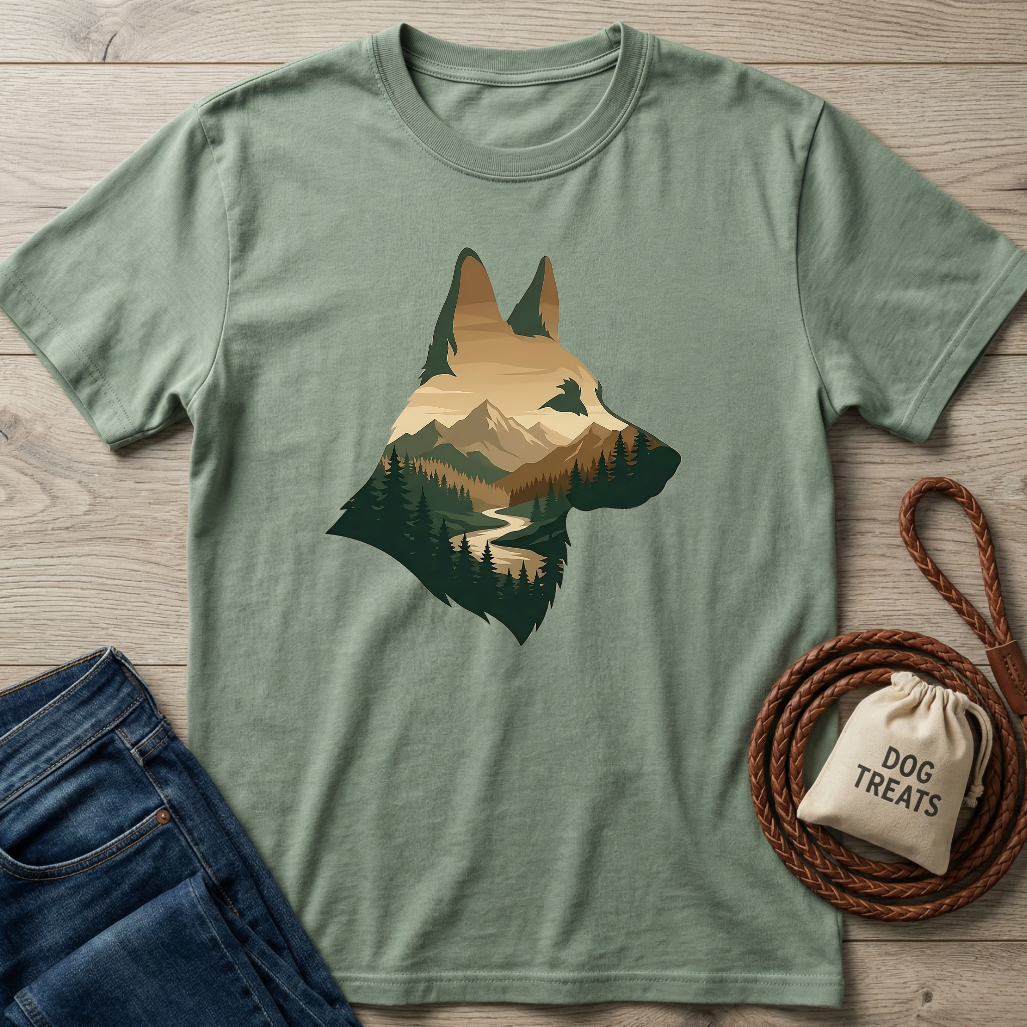Sage green t-shirt with a mountain landscape and forest scene inside a dog's head silhouette.
