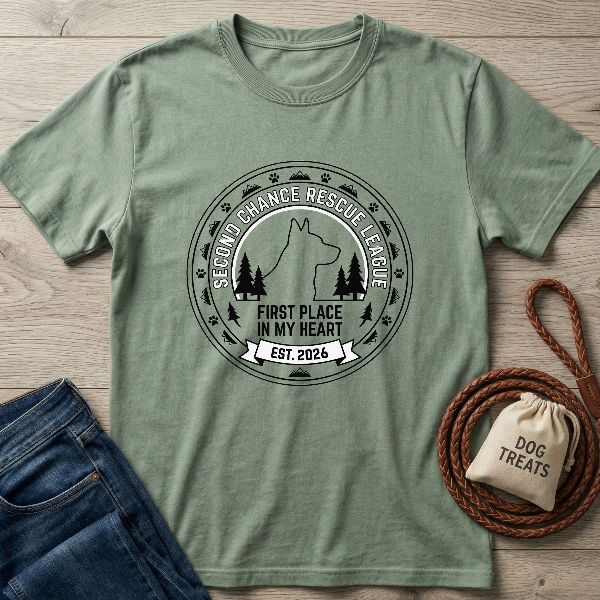Sage green Gildan Softstyle® t-shirt with "Second Chance Rescue League" dog and forest graphic.