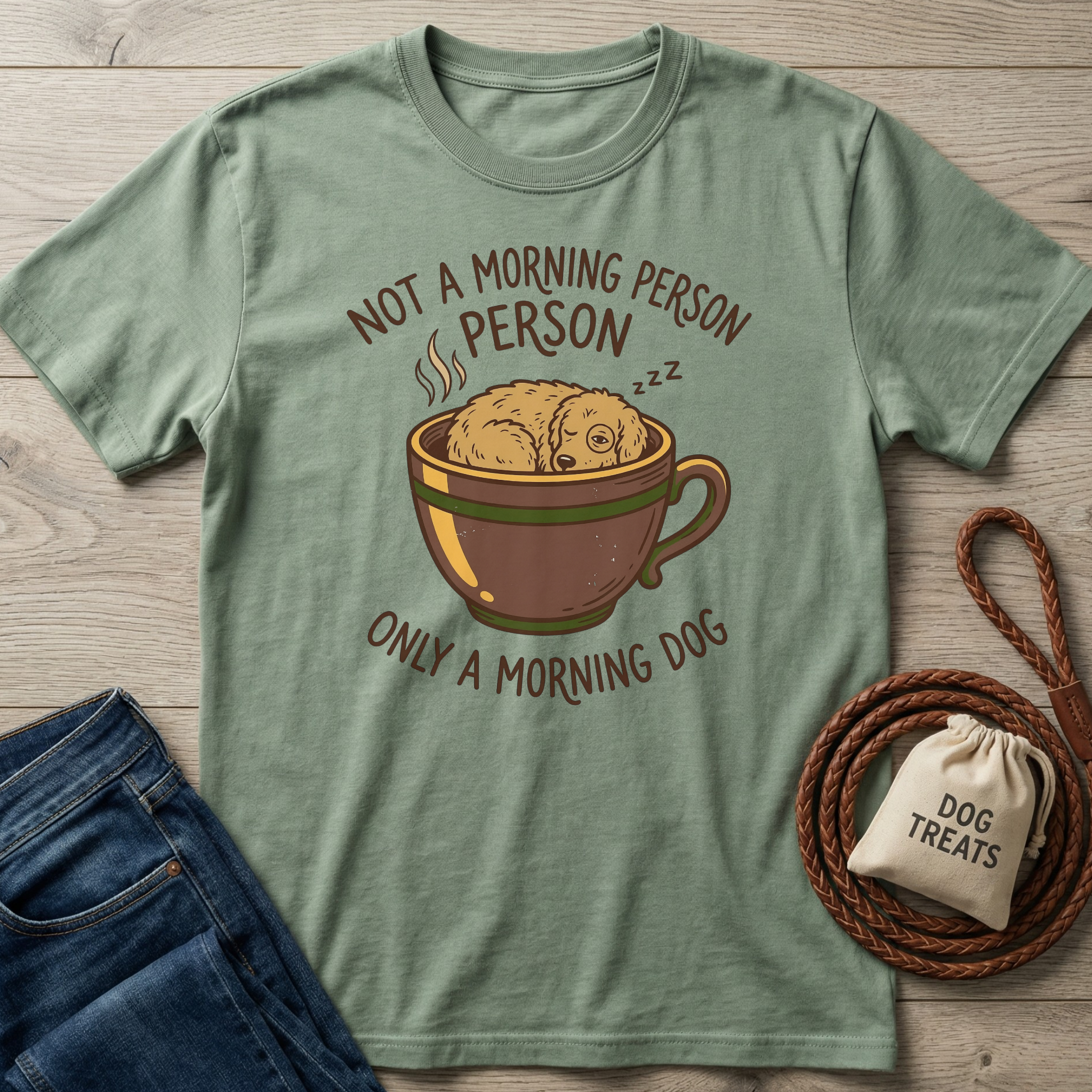 Sage green cotton t-shirt with a sleeping dog in a coffee cup and "Not a morning person, only a morning dog" text.
