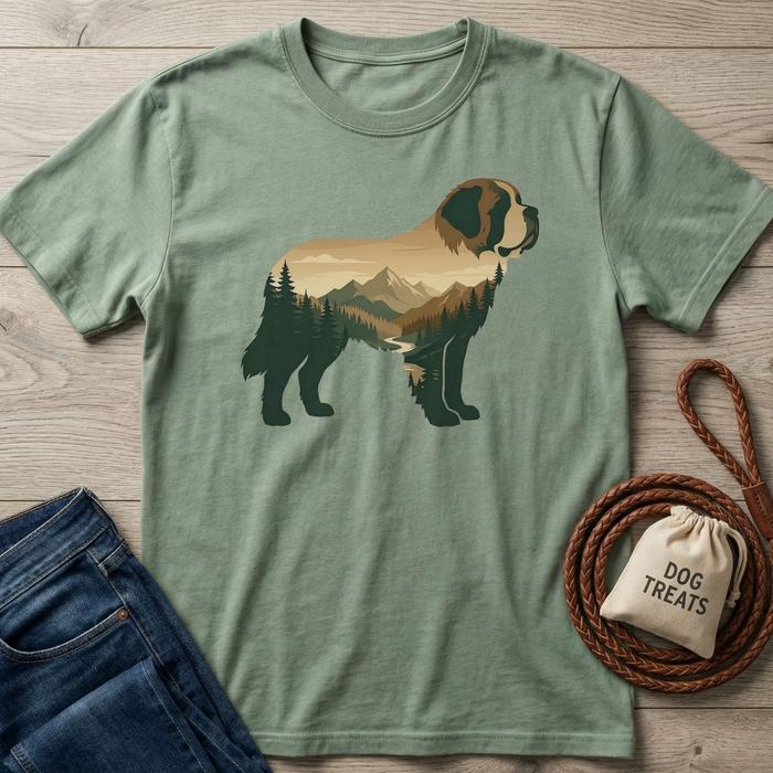 Sage green "Mountain Dog" T-shirt with a St. Bernard silhouette filled with a forest and mountain landscape.
