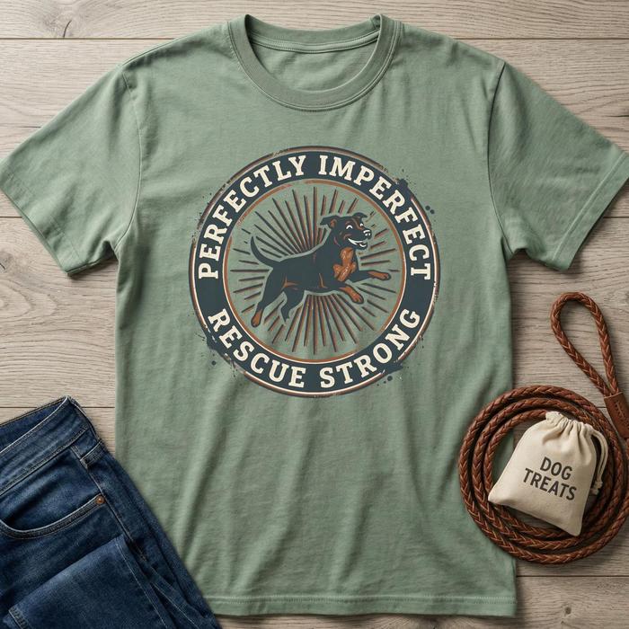 Sage green cotton t-shirt with "Perfectly Imperfect Rescue Strong" text and a happy black dog graphic.