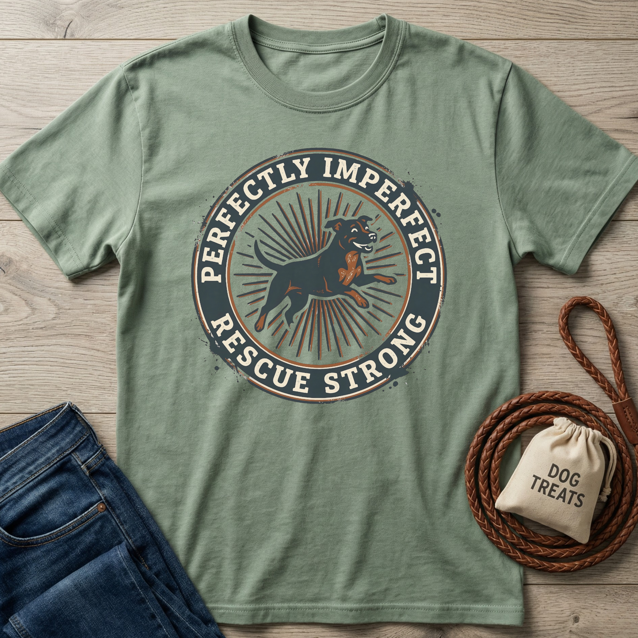 Sage green cotton t-shirt with "Perfectly Imperfect Rescue Strong" text and a happy black dog graphic.