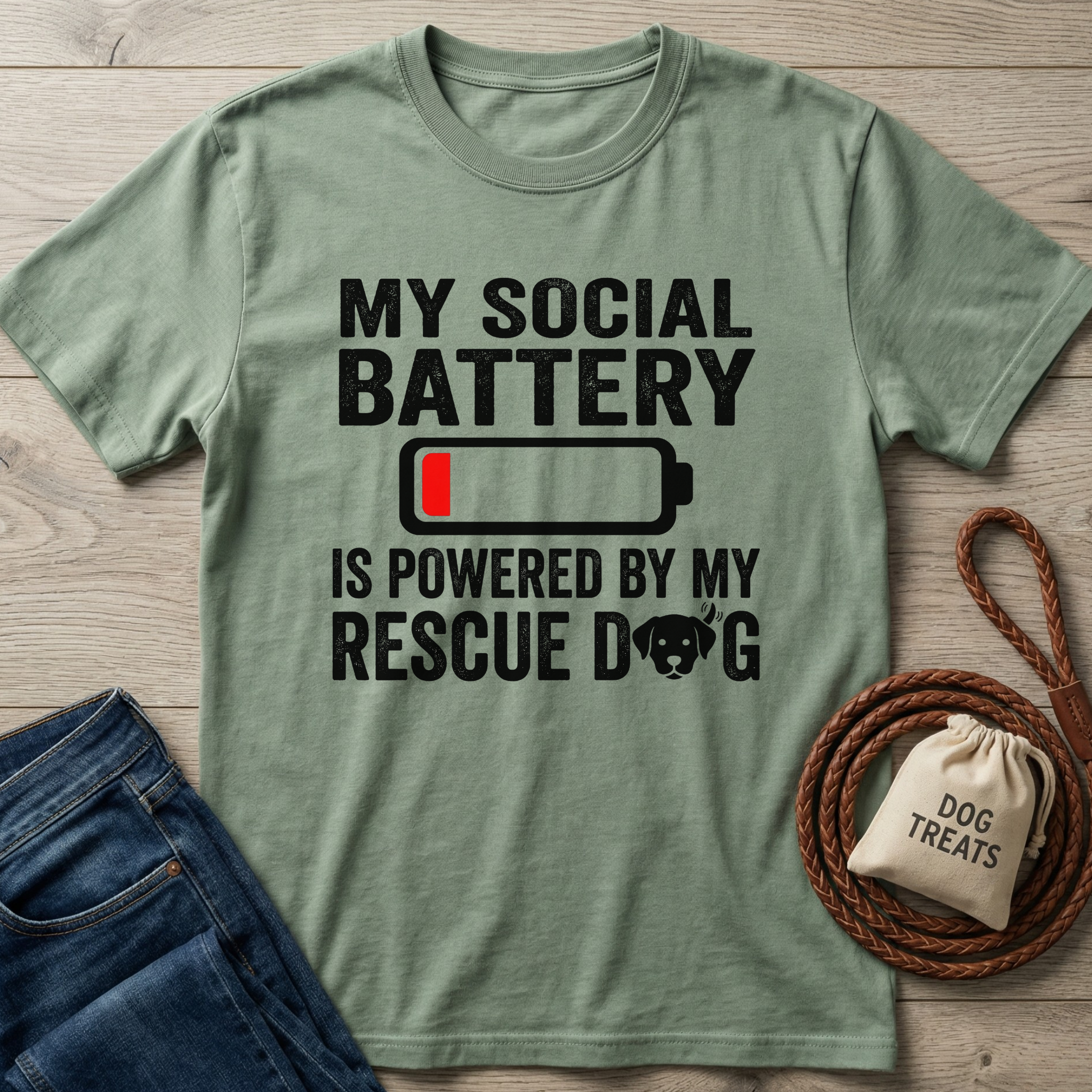 Sage green cotton t-shirt with "My Social Battery is Powered by My Rescue Dog" text and battery icon.
