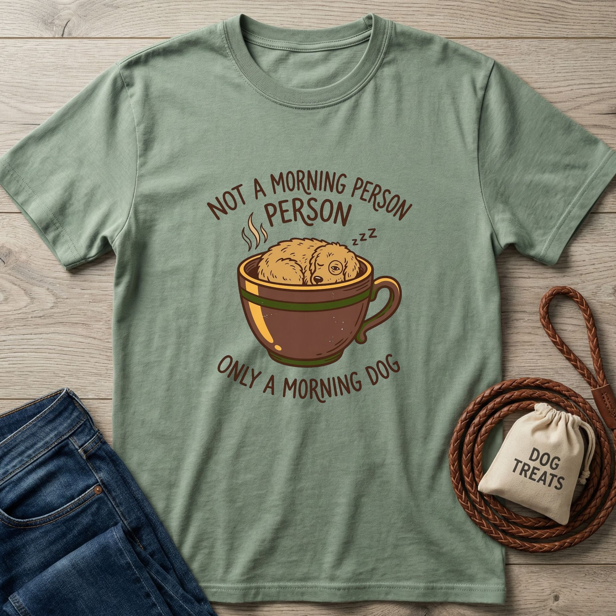 Sage green Gildan Softstyle® t-shirt with a sleeping dog in a coffee cup and "Not a Morning Person, Only a Morning Dog" text.