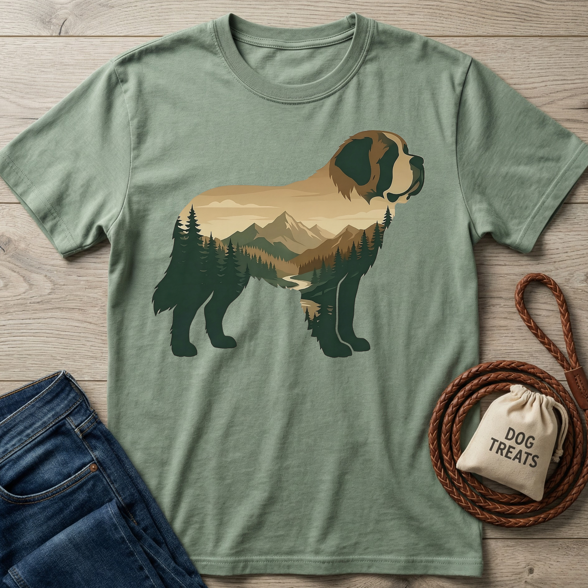 Sage green cotton t-shirt with a large Saint Bernard silhouette filled with a mountain and forest landscape.