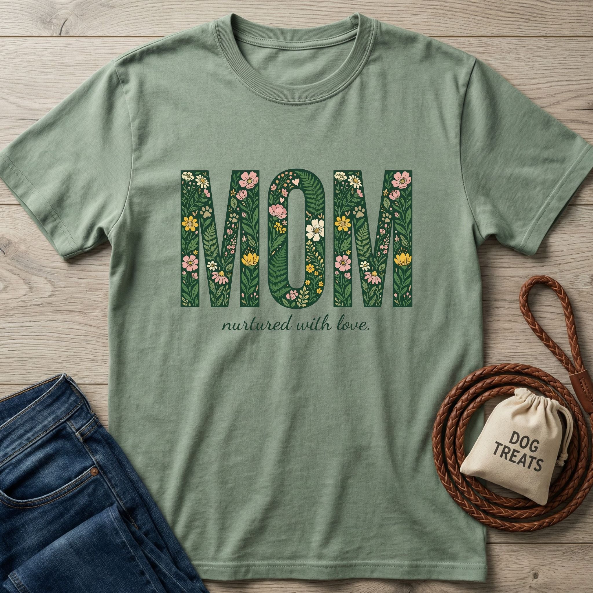 Sage green "MOM nurtured with love" t-shirt with floral letters, next to jeans, a leash, and dog treats.