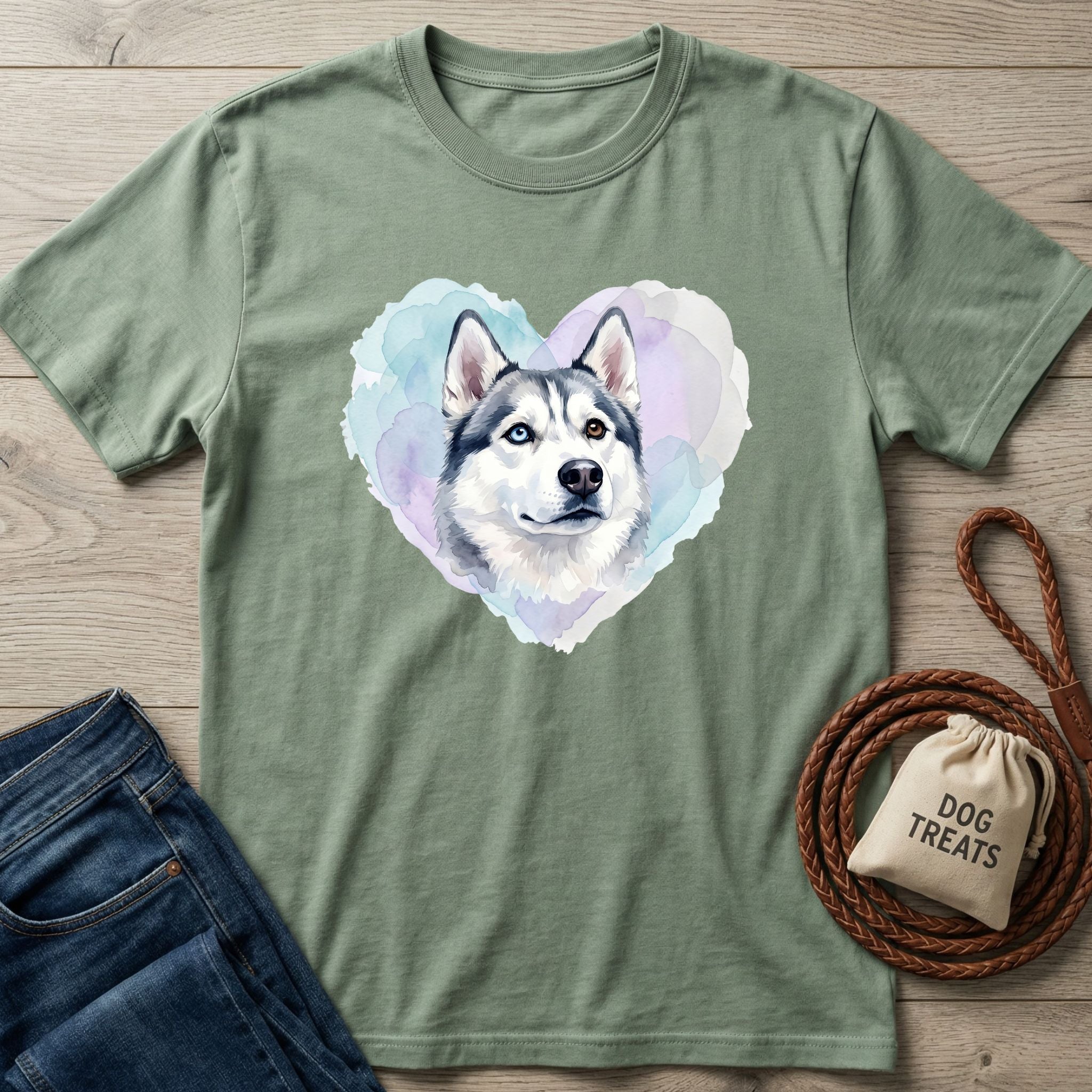 Sage green Gildan Softstyle® t-shirt with a watercolor husky in a heart, next to jeans and dog treats.