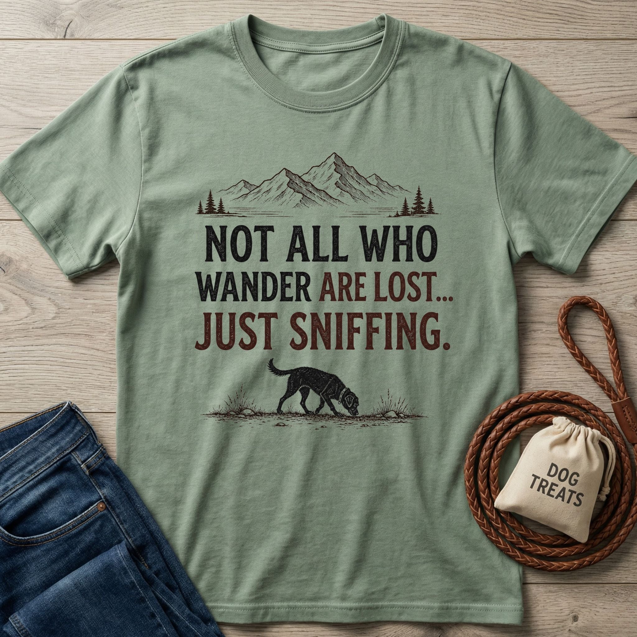 Sage green cotton t-shirt with "NOT ALL WHO WANDER ARE LOST... JUST SNIFFING." text, mountains, and a sniffing dog graphic.