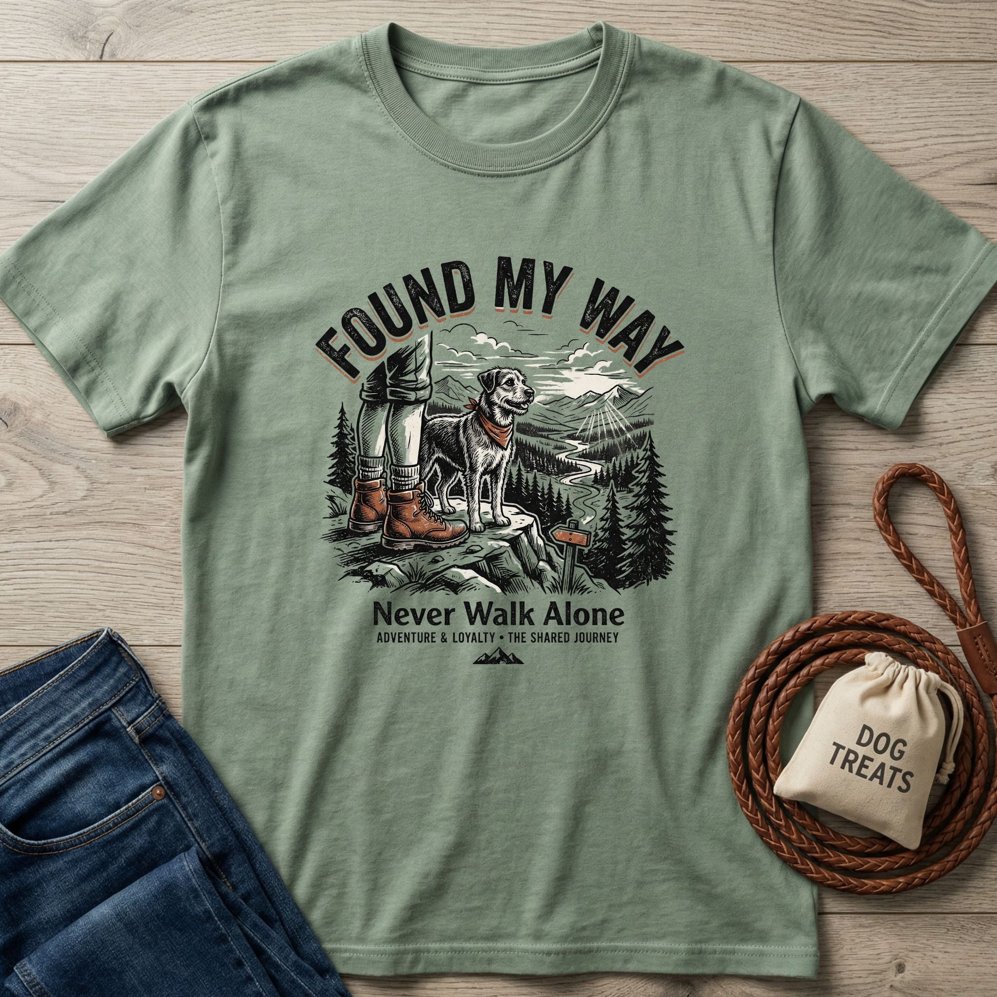 Sage green "Found My Way" t-shirt with a graphic of a person and dog on a mountain trail.