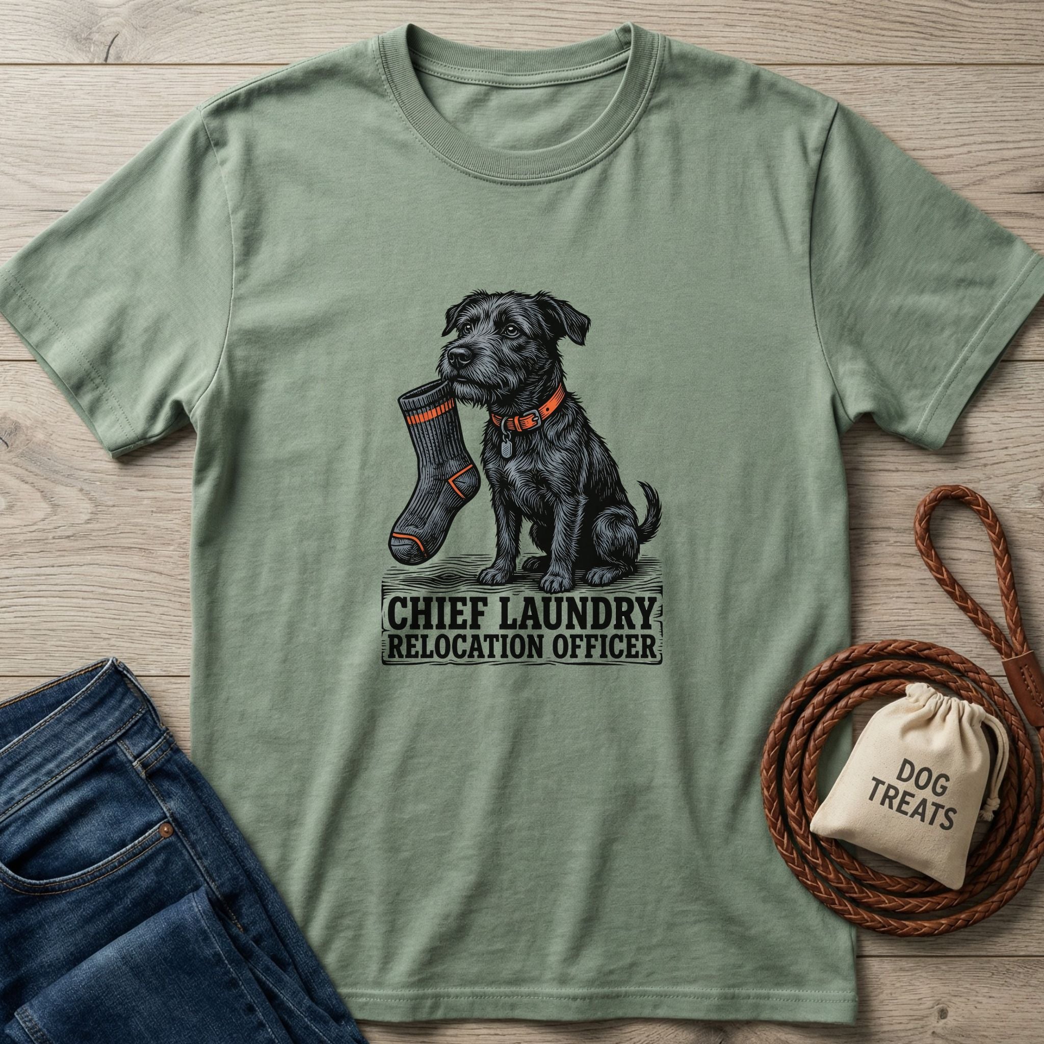 Sage green Gildan Softstyle t-shirt with a black terrier holding a sock and "Chief Laundry Relocation Officer" text.