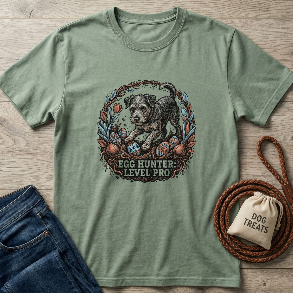 Sage green Gildan Softstyle t-shirt with a "Egg Hunter: Level Pro" graphic featuring a dog and Easter eggs.