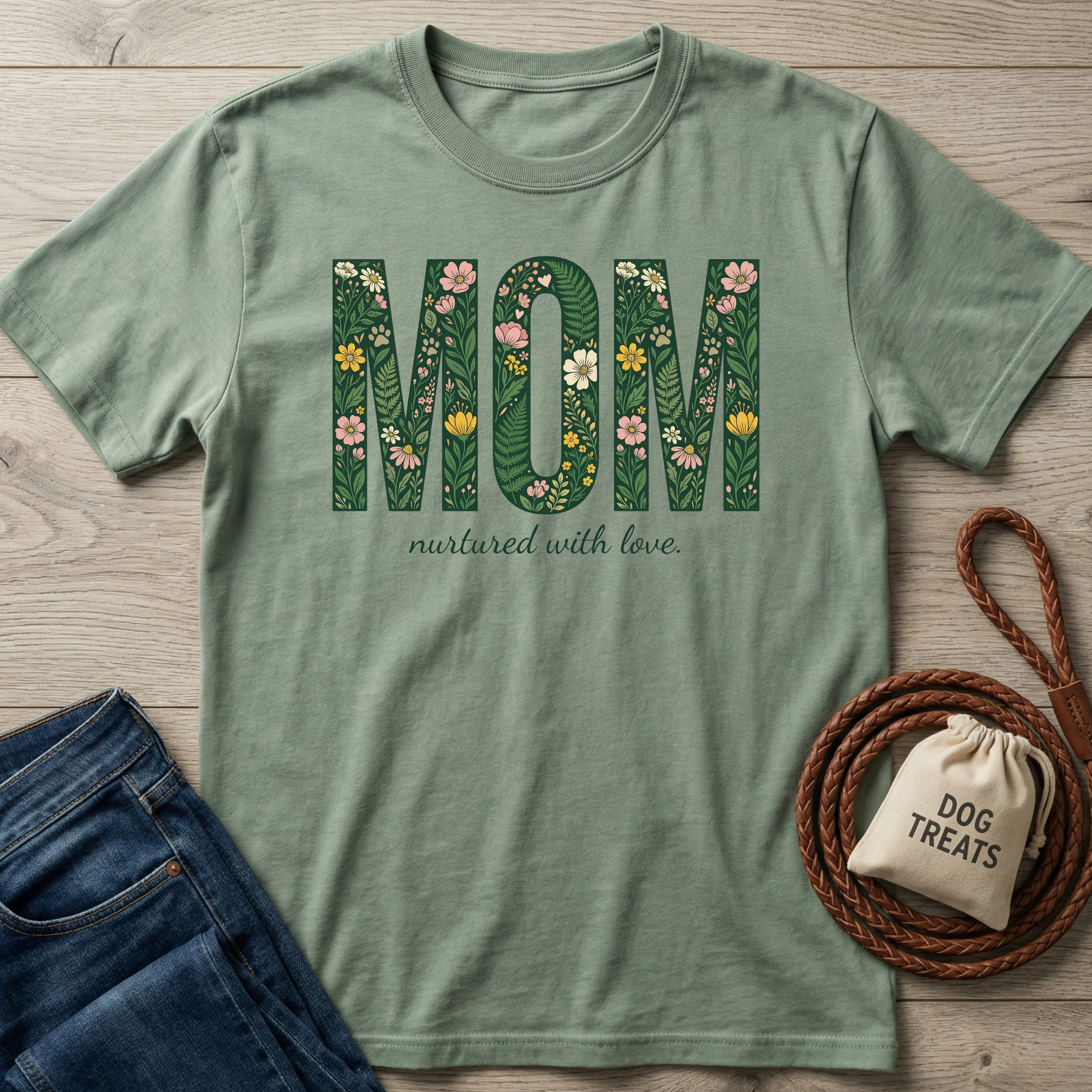 Sage green cotton t-shirt with "MOM nurtured with love" text, featuring floral and leaf patterns.