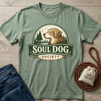 Sage green Soul Dog Society logo t-shirt, 100% ring-spun cotton, with a golden retriever design.