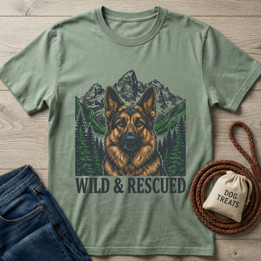 Sage green Gildan Softstyle® t-shirt with a German Shepherd, mountains, and "WILD & RESCUED" text.