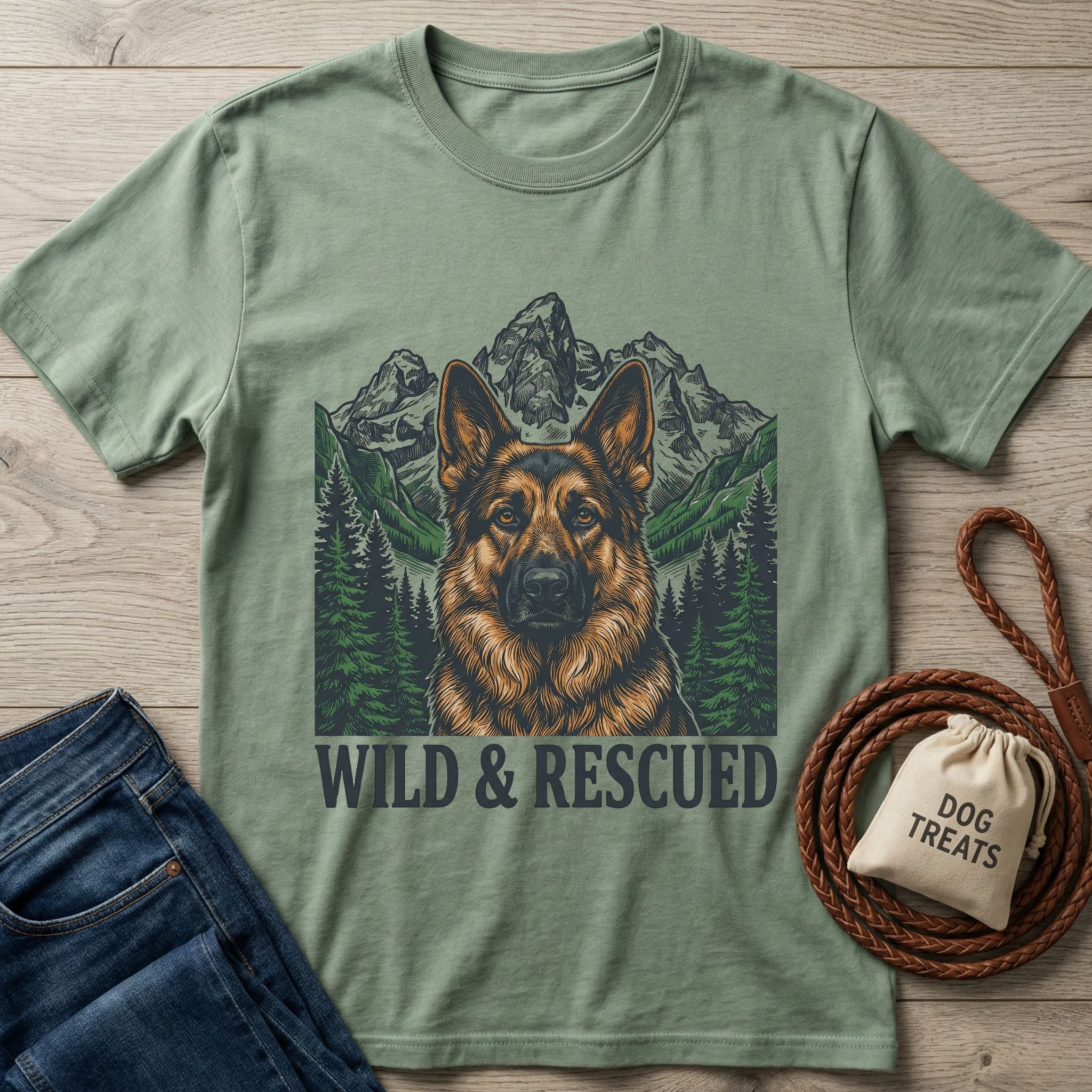 Sage green Gildan Softstyle® t-shirt with a German Shepherd, mountains, and "WILD & RESCUED" text.