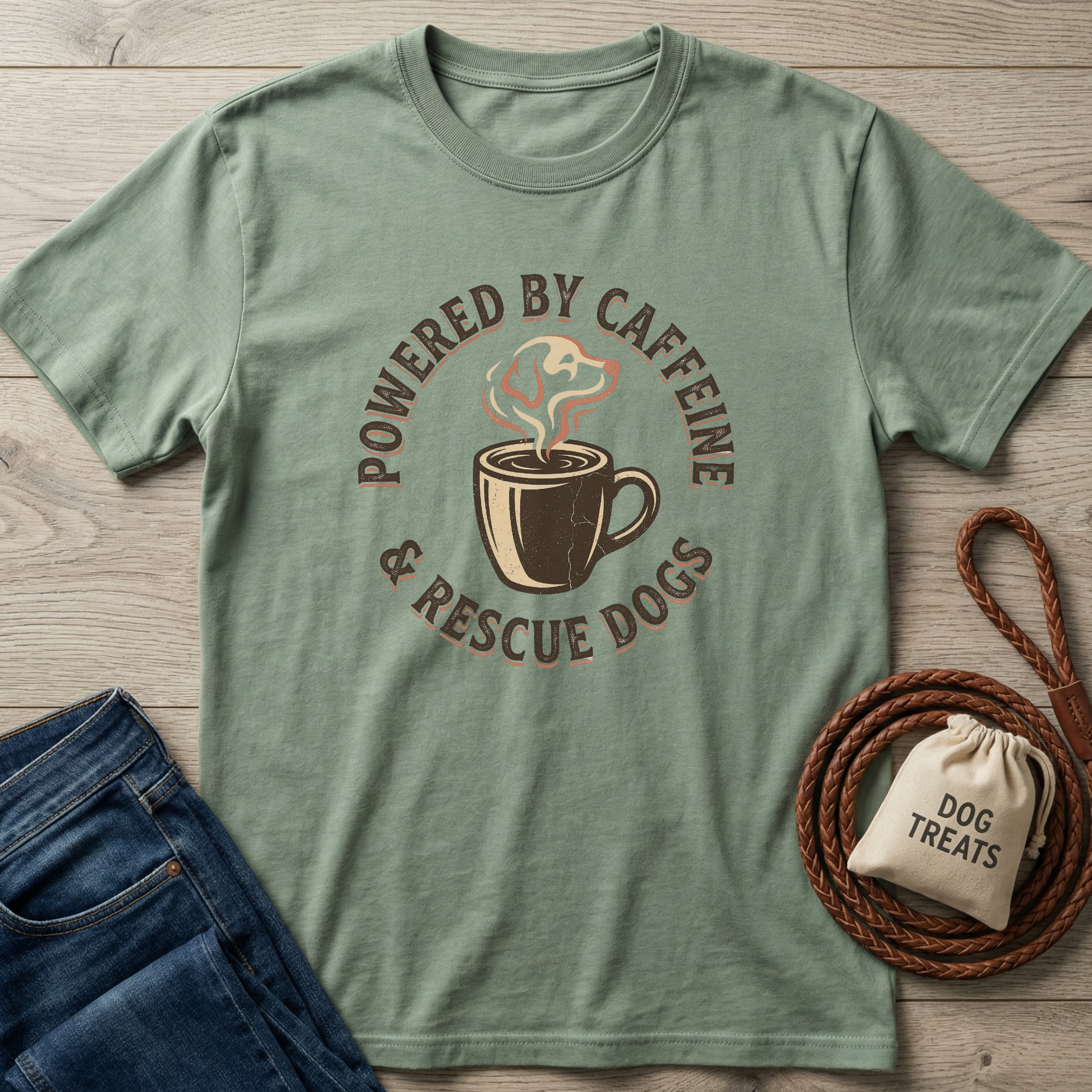 Sage green cotton t-shirt with "Powered By Caffeine & Rescue Dogs" graphic, coffee cup, and dog silhouette.