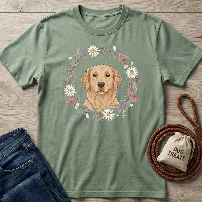 Green t-shirt with a dog illustration and floral wreath on a wooden surface with jeans and a bag of treats.