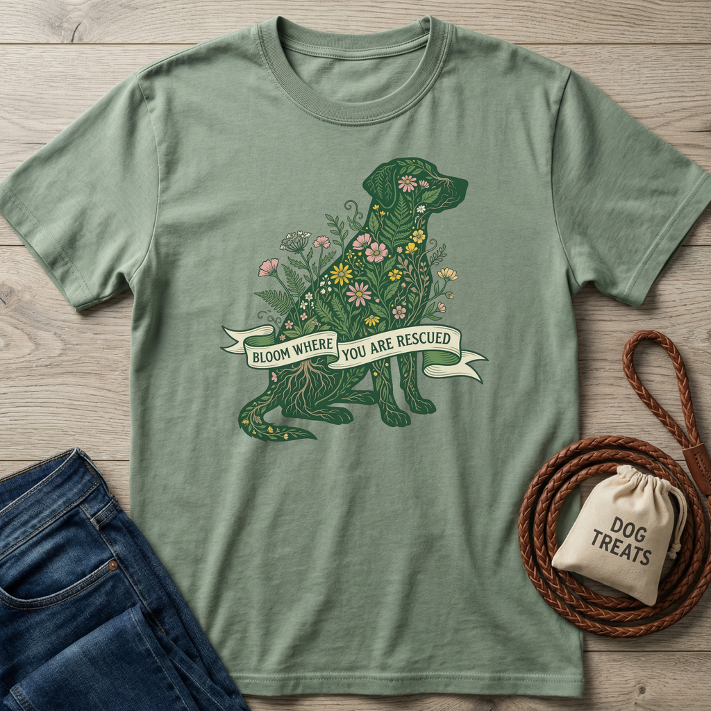 Sage green t-shirt with a floral dog design and "Bloom Where You Are Rescued" banner.