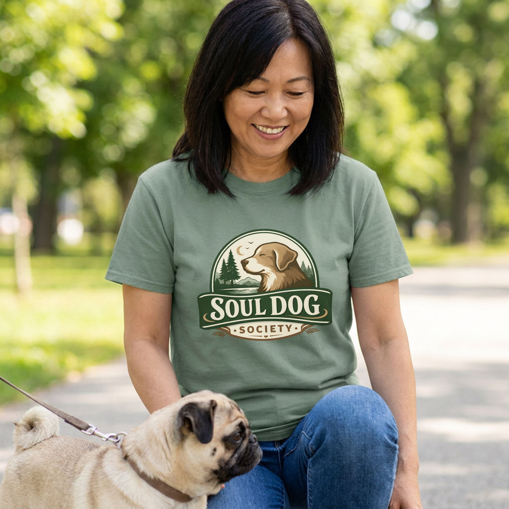 Woman in an olive green Soul Dog Society logo t-shirt with a pug on a leash.