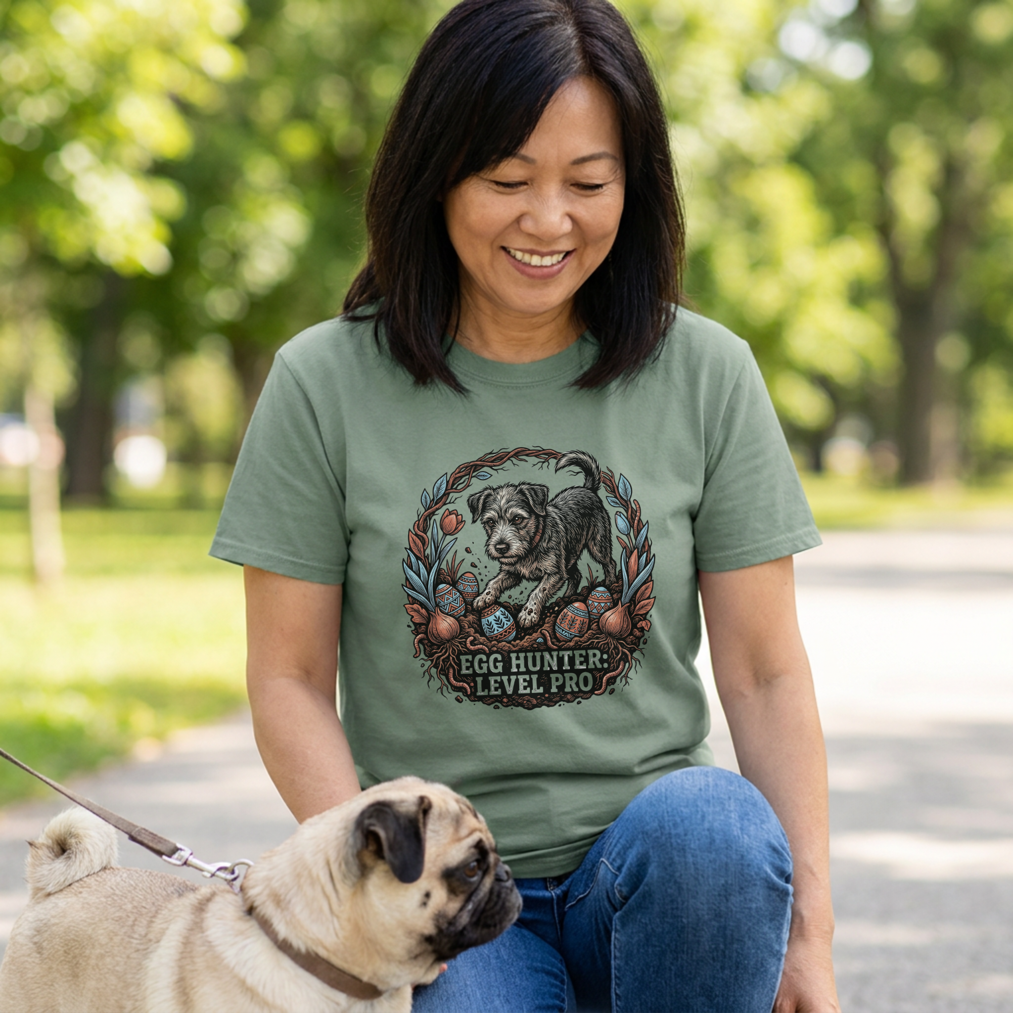 Woman in an olive green "Egg Hunter: Level Pro" t-shirt with a puppy and Easter eggs, petting a pug.