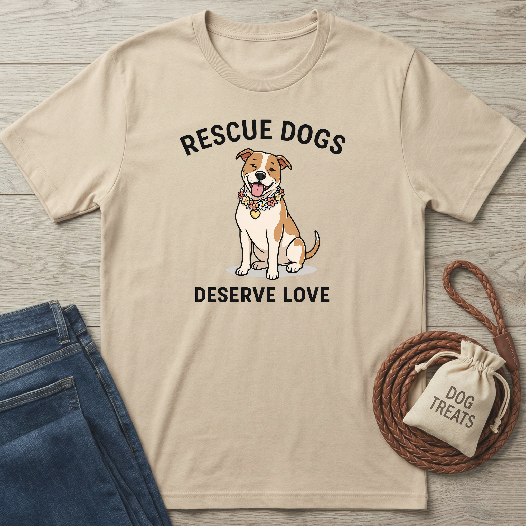 Beige cotton t-shirt with "Rescue Dogs Deserve Love" text and a happy dog wearing a floral collar.