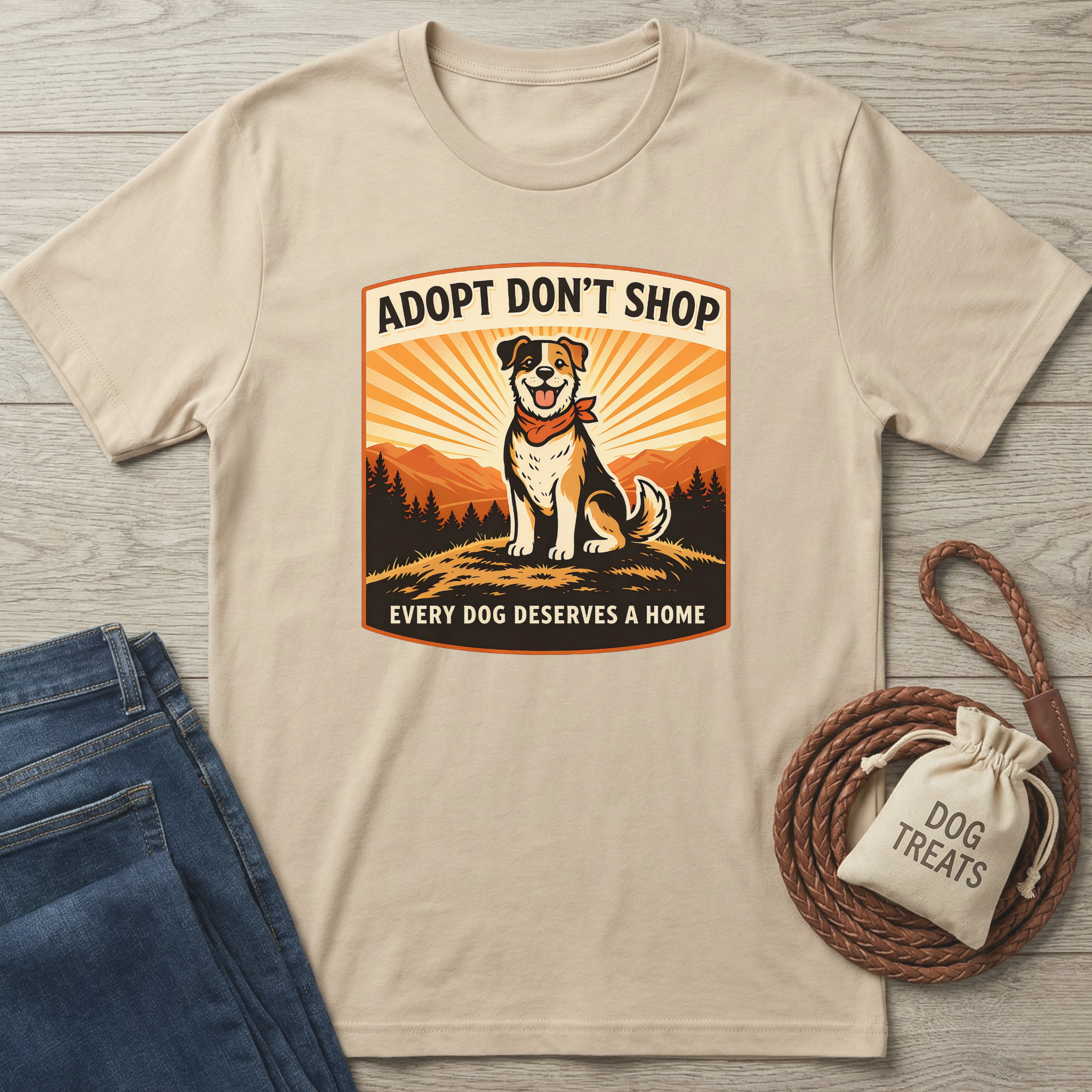 Beige cotton t-shirt with "Adopt Don't Shop" graphic featuring a mixed-breed dog and mountains.