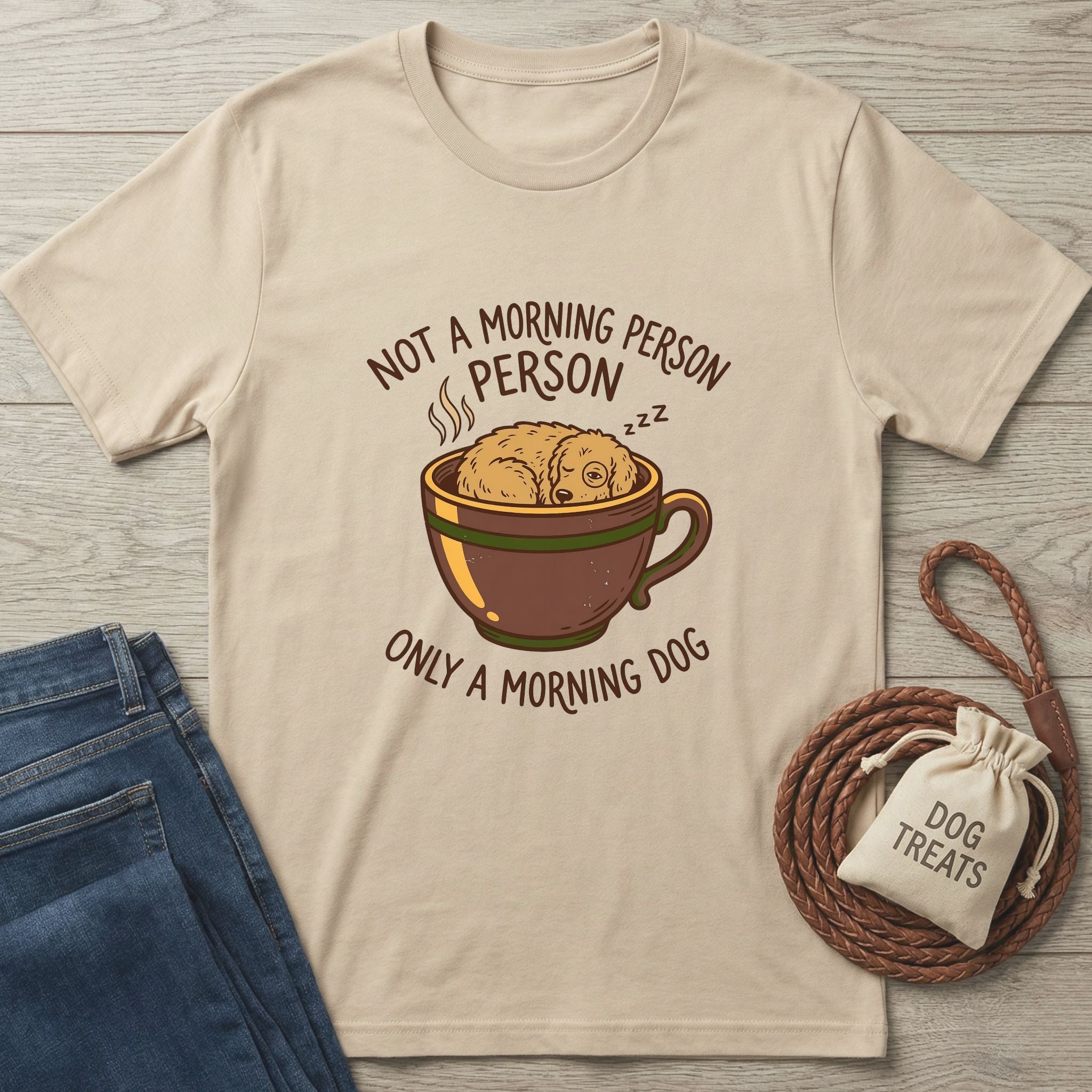 Gildan Softstyle® 64000 tee in natural with "Not a Morning Person, Only a Morning Dog" graphic.