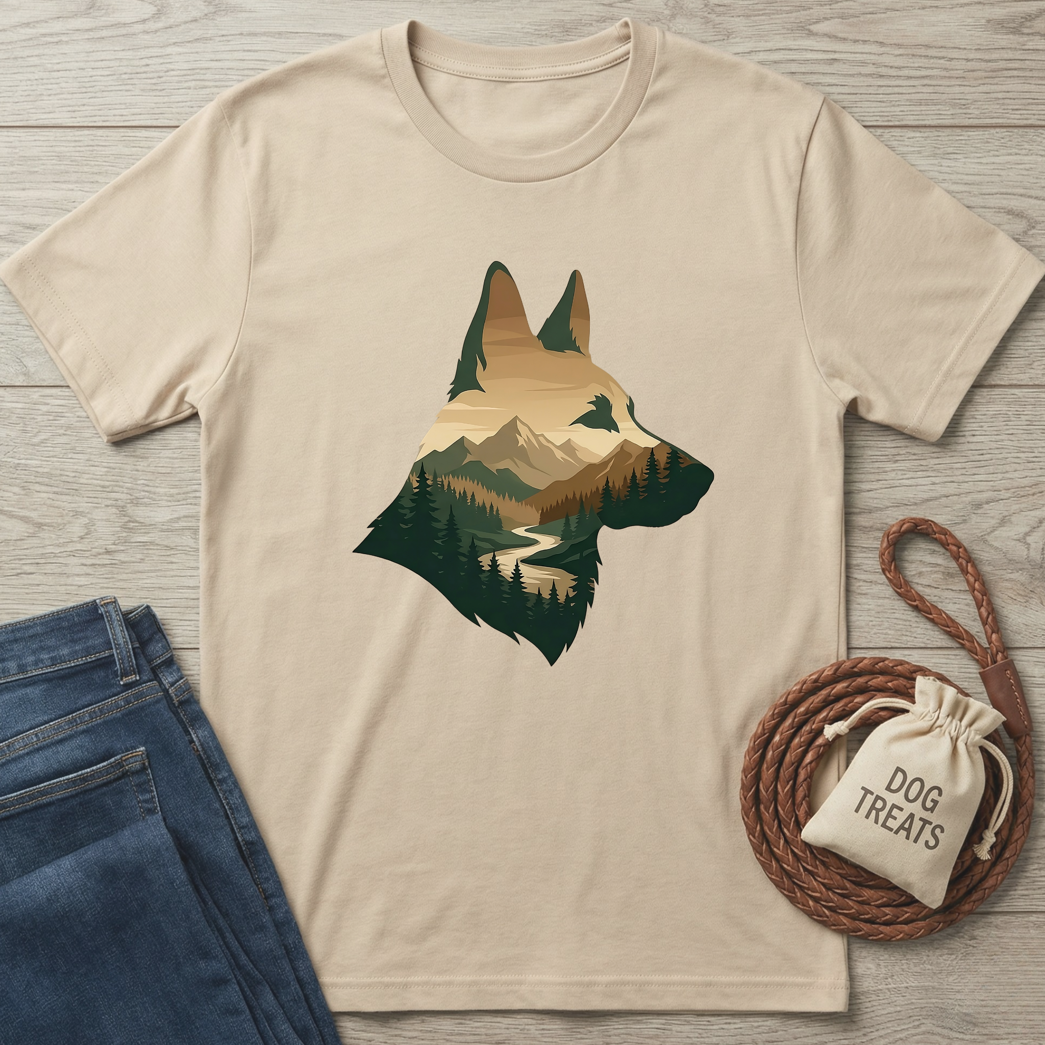 Beige cotton t-shirt with a German Shepherd silhouette filled with a mountain, forest, and river landscape.