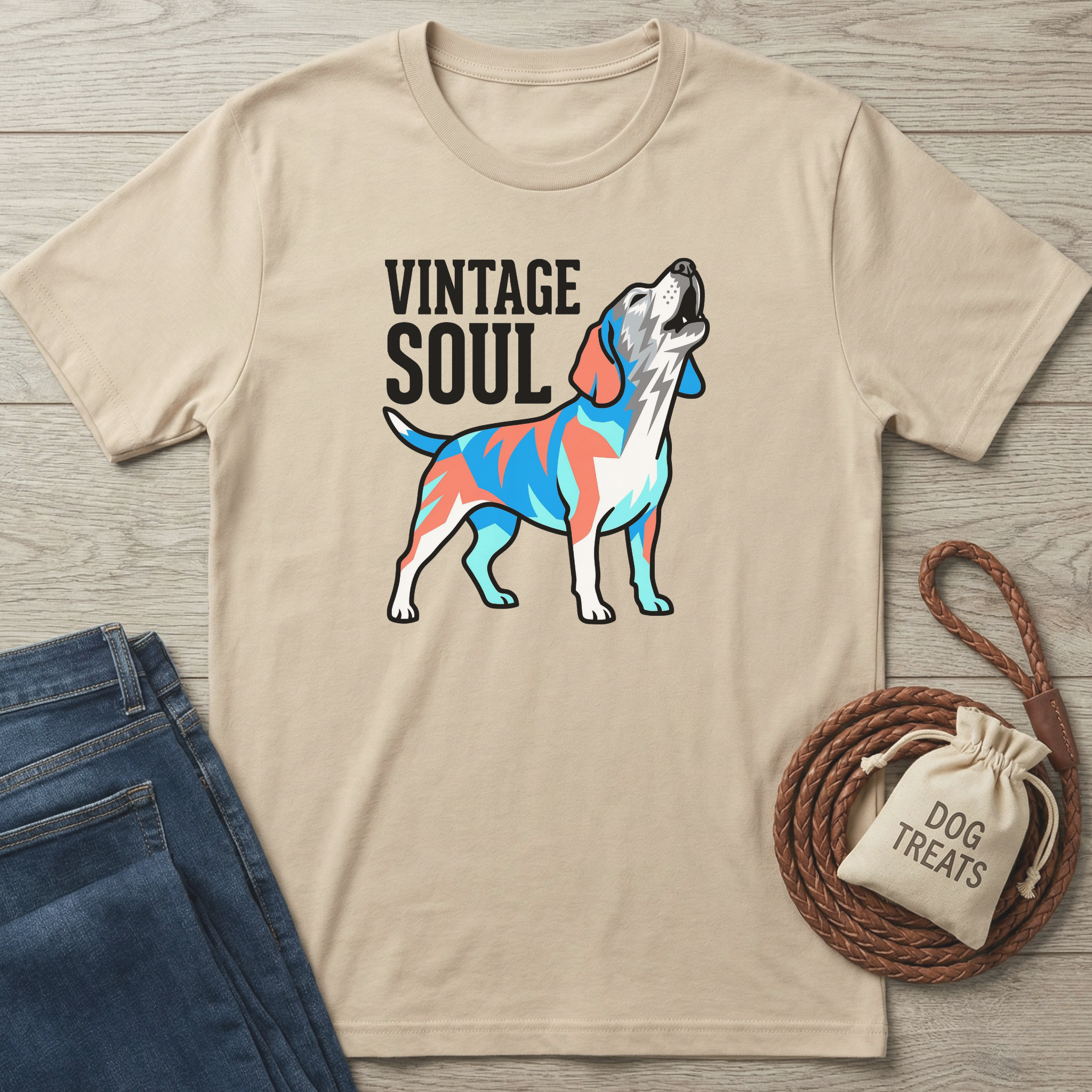 Beige t-shirt with a colorful dog graphic and 'Vintage Soul' text, paired with jeans and a dog treat bag on a wooden surface.